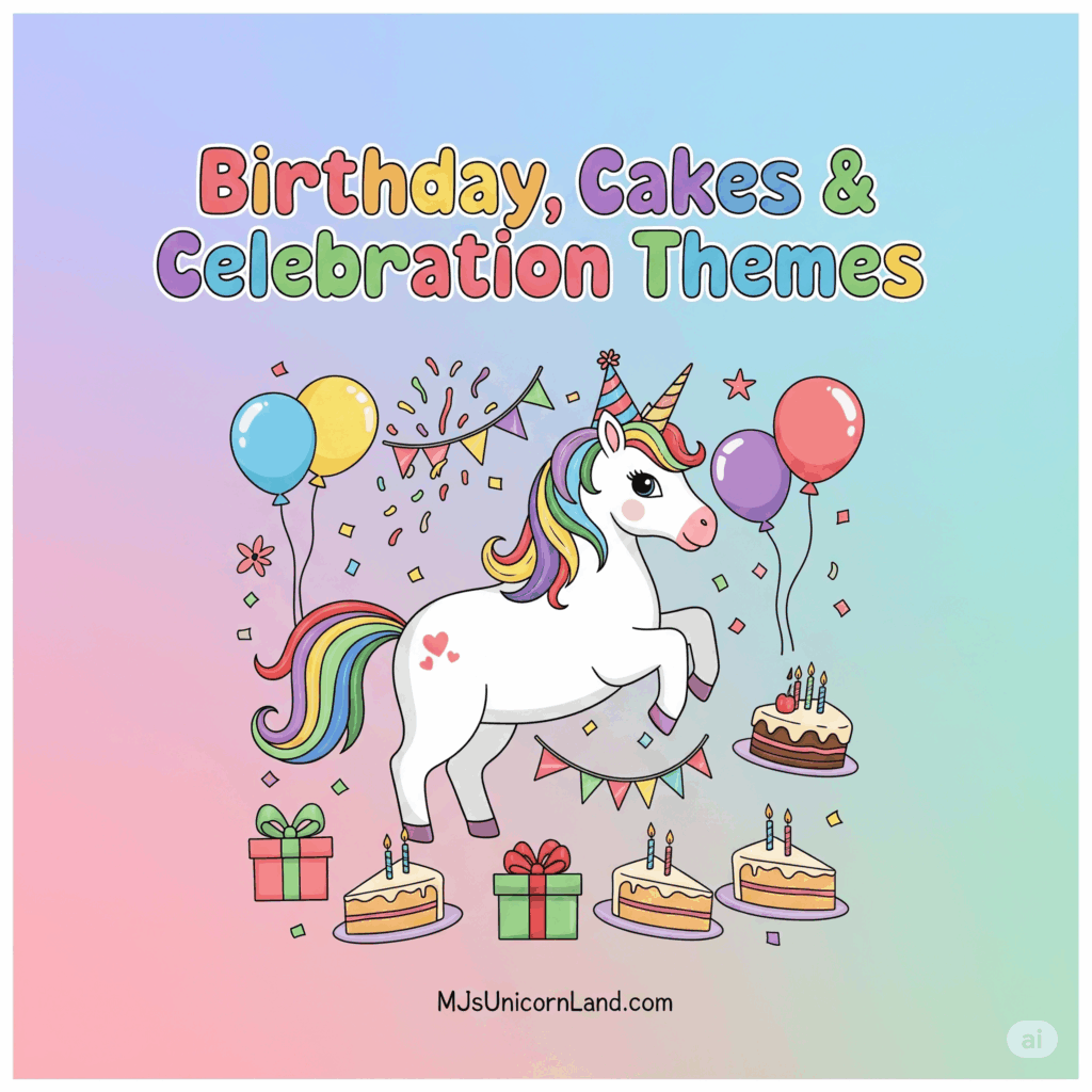 Unicorn birthday cake and celebration themed coloring page