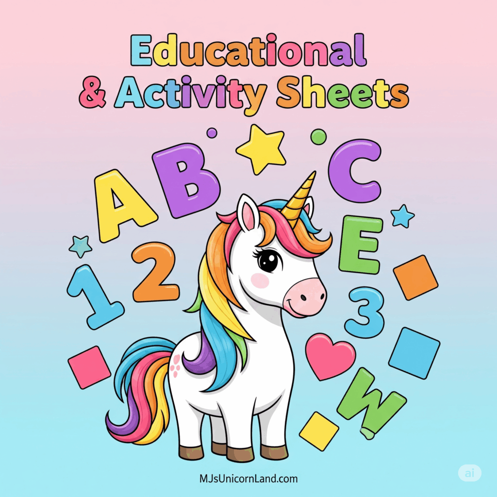 Unicorn themed educational worksheet and fun activity page