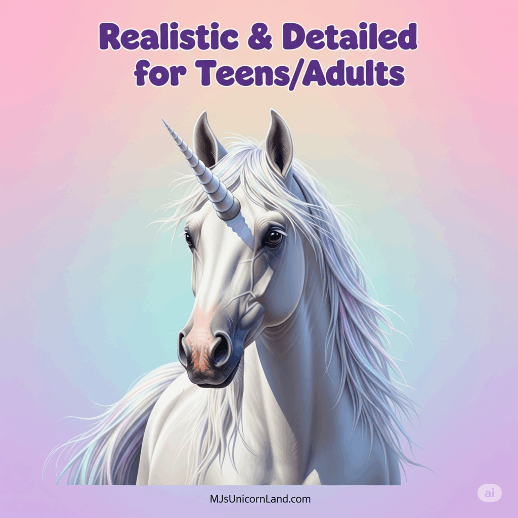 Realistic detailed unicorn coloring page for teens and adults