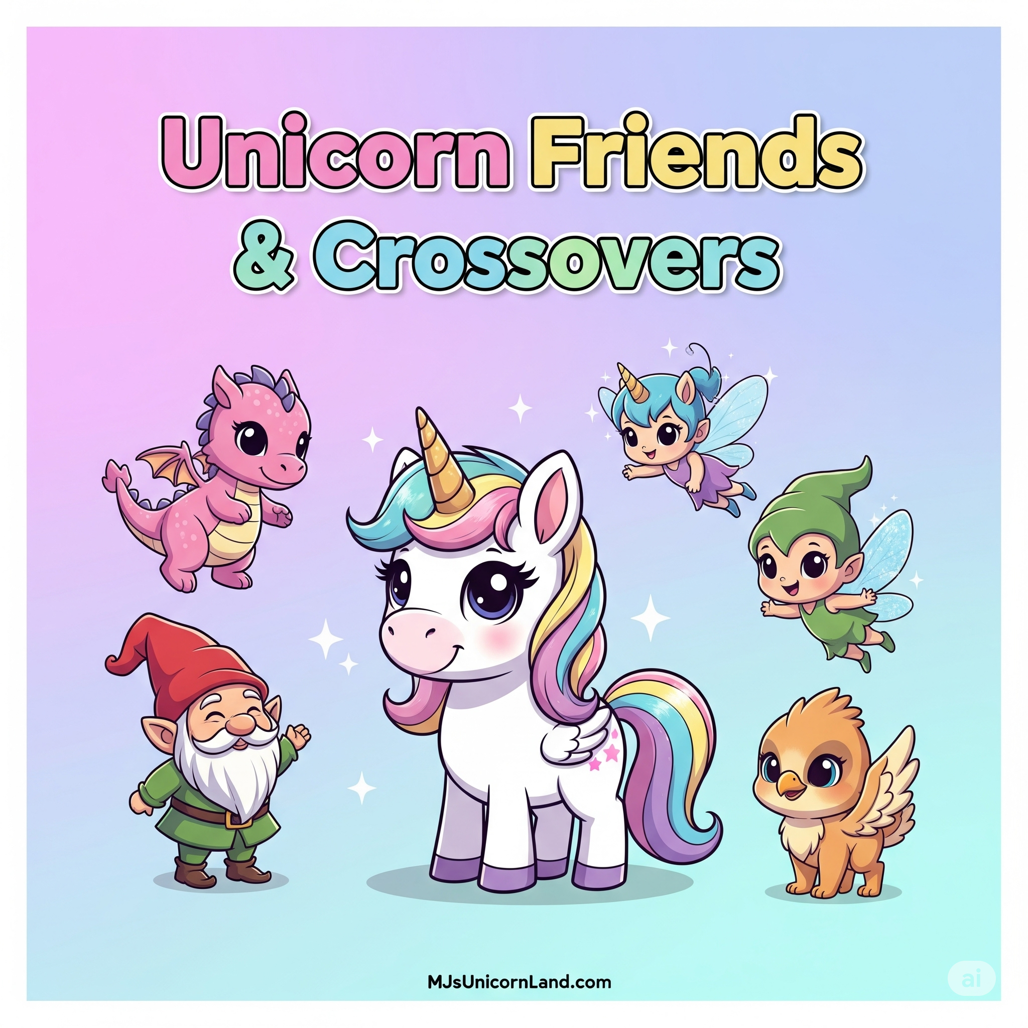 Unicorn with fairy and animal friends coloring page