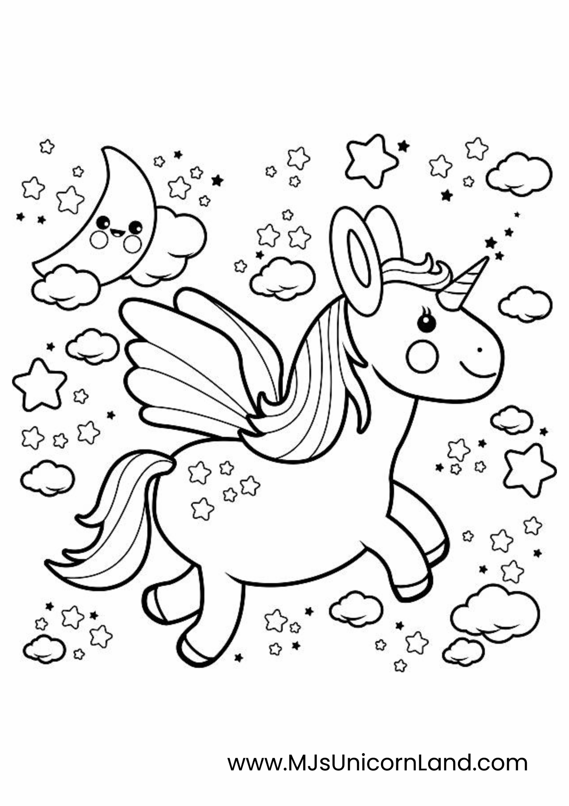 A line art coloring page of a cute baby unicorn with wings, flying through a starry sky with a smiling crescent moon and clouds.