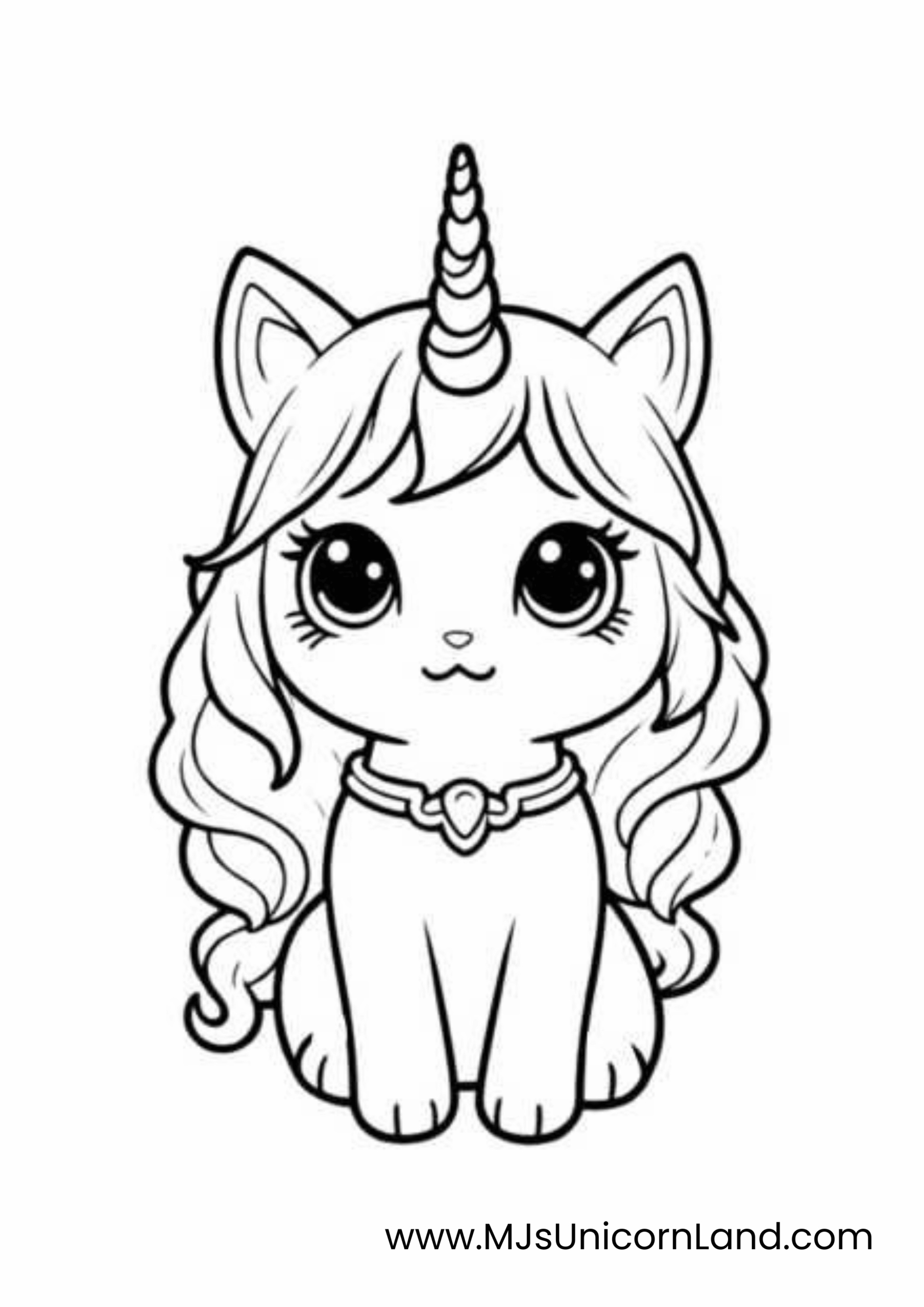 A line art coloring page of a cute unicorn cat, with a horn, fluffy mane, and a necklace, sitting and facing forward.