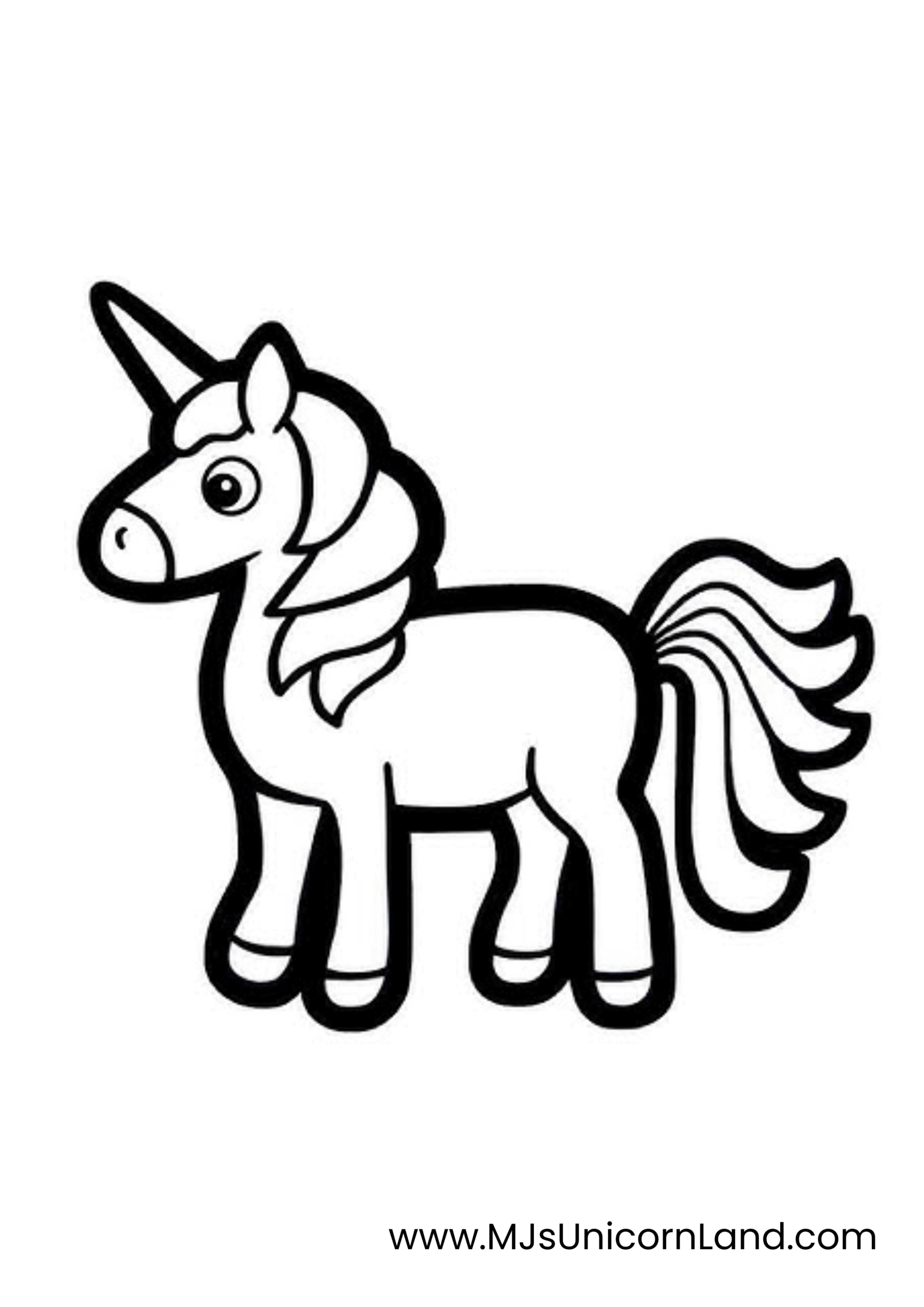 A line art coloring page of a simple unicorn with a short mane and tail, and a single horn, standing and looking forward.