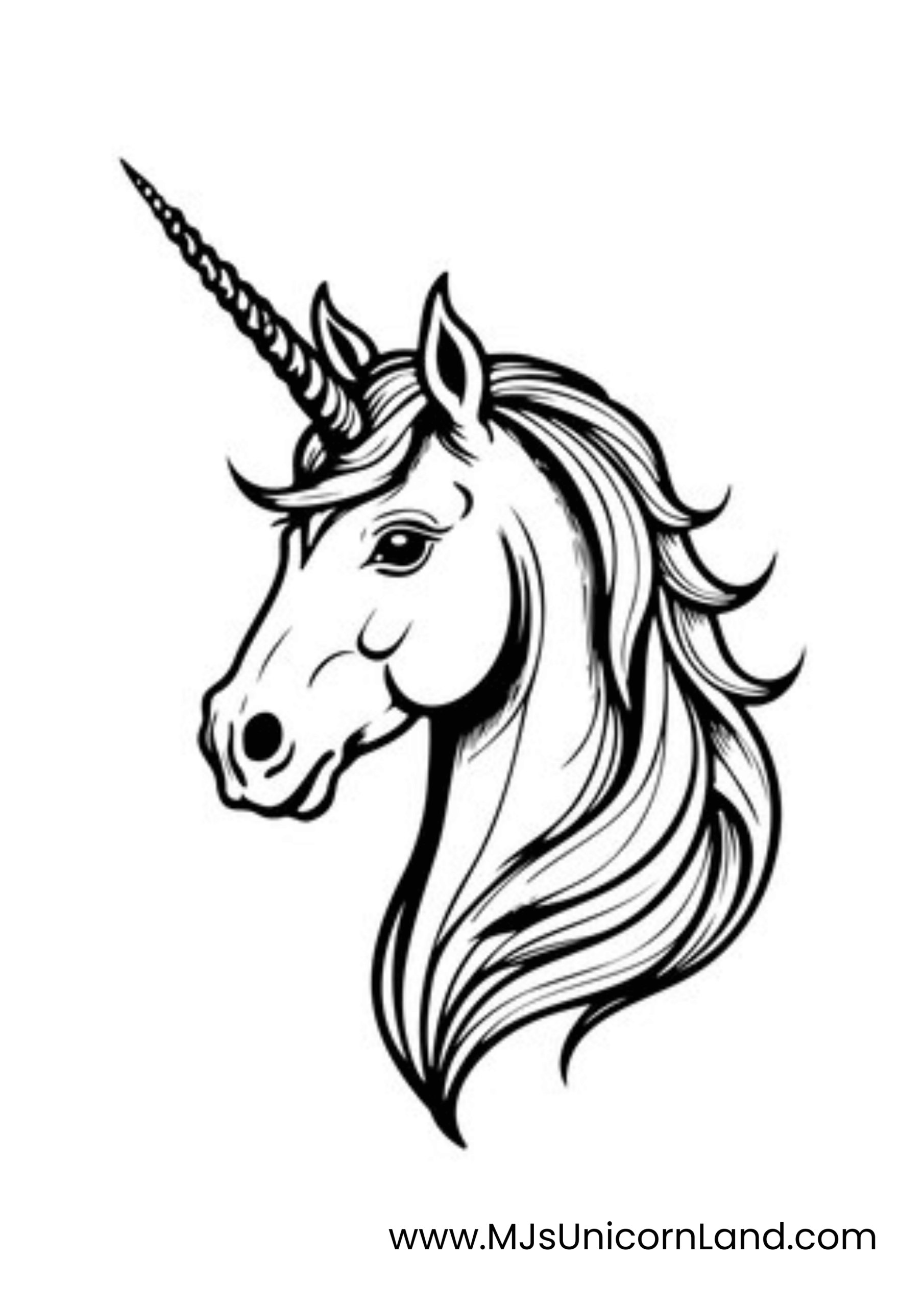 An intricate line art coloring page of a mythical unicorn's head with a detailed horn and flowing mane, ideal for adult coloring enthusiasts.