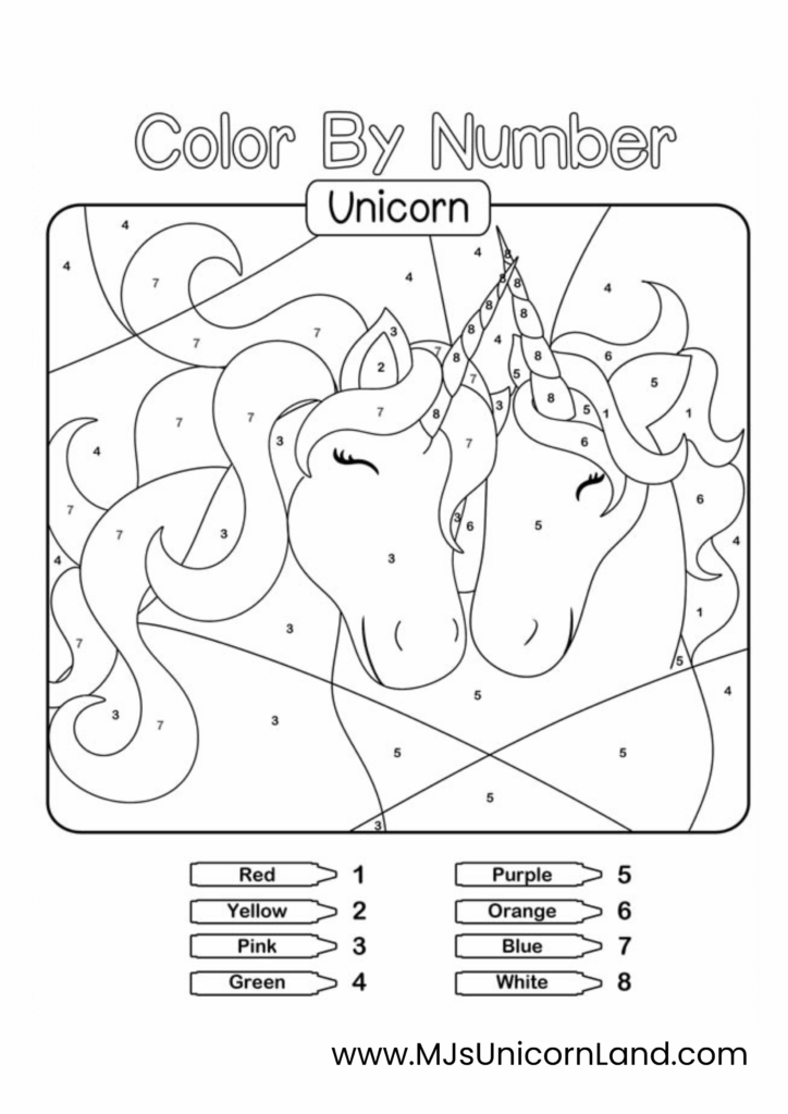 A unicorn color-by-number activity sheet for kids to learn colors and numbers.