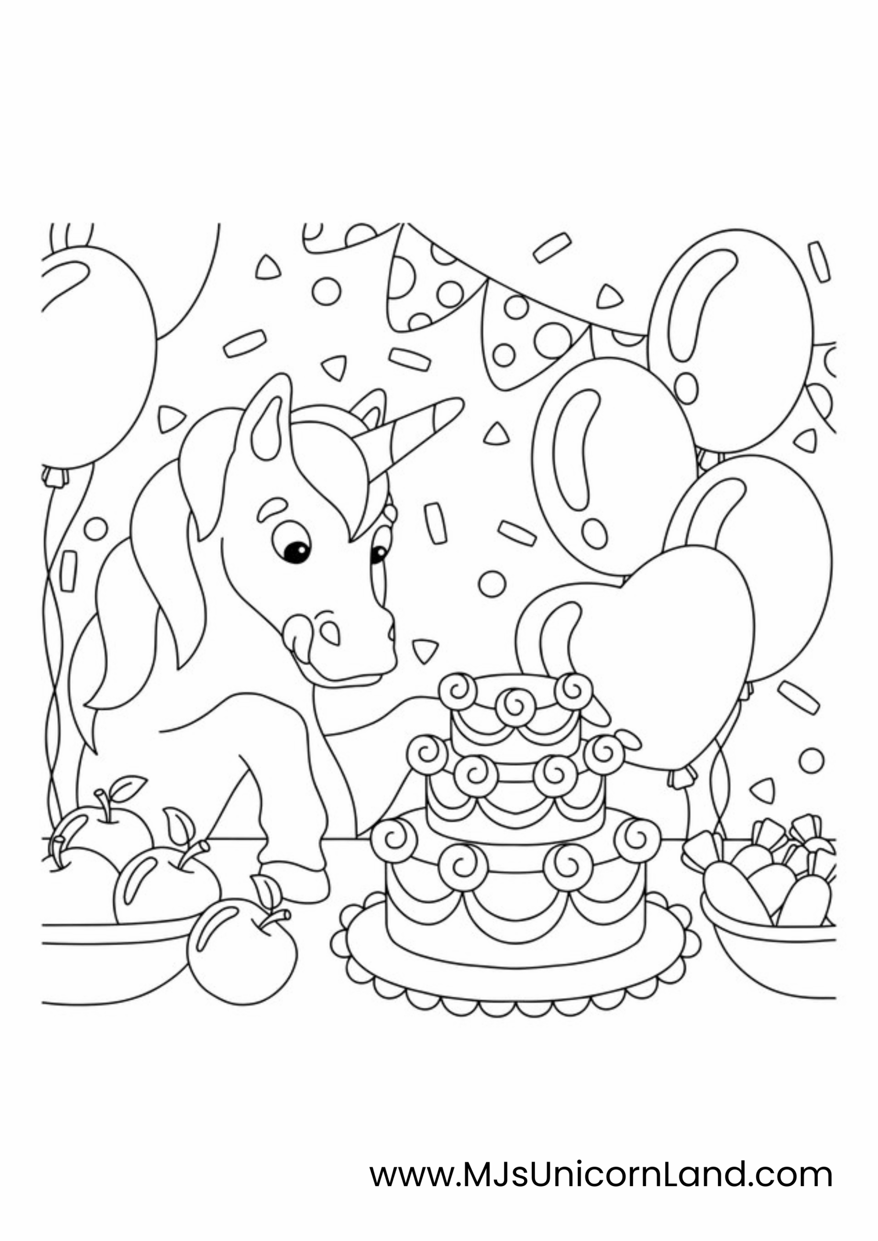 A cute coloring page featuring a unicorn looking at a tiered birthday cake, surrounded by party decorations, balloons, apples, and candies.