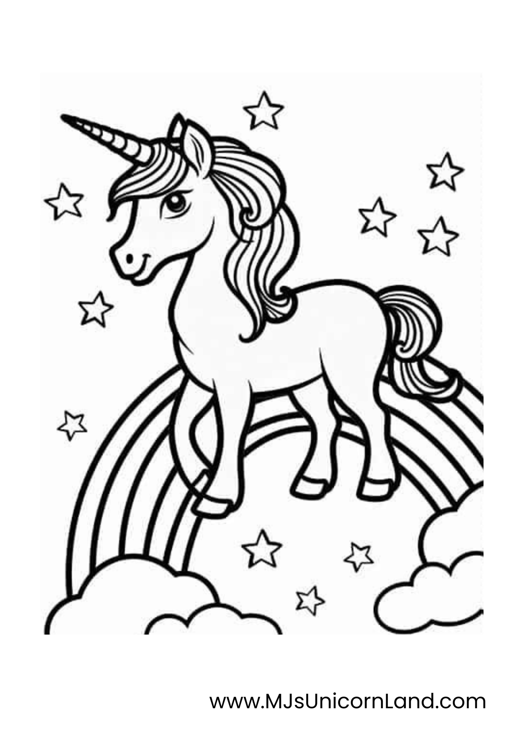 A line art coloring page of a friendly unicorn standing on a rainbow with clouds and stars surrounding it.