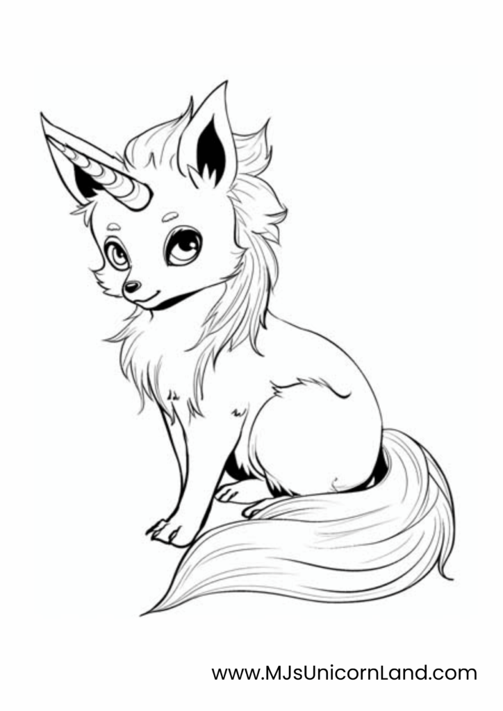 A line art coloring page of a magical fox or "unifox" with a unicorn horn, sitting and looking up with its large, expressive eyes.