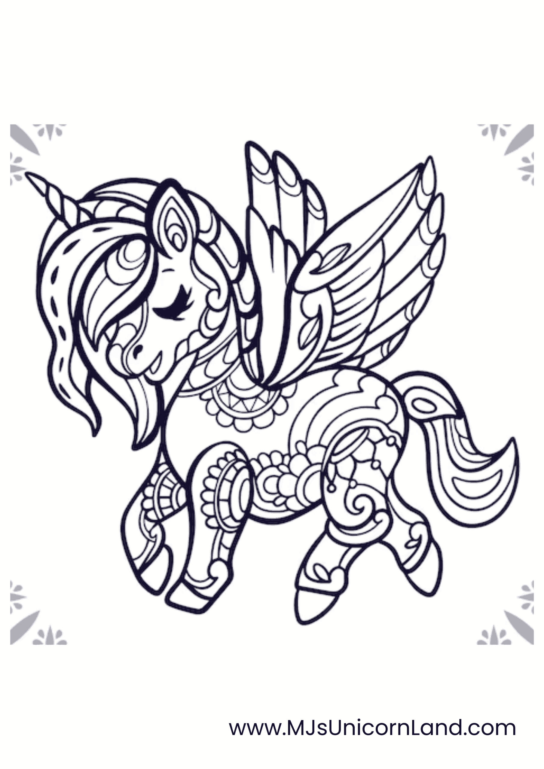 A complex coloring page of a winged unicorn, or alicorn, with its body and wings covered in detailed, mesmerizing mandala and zentangle patterns.