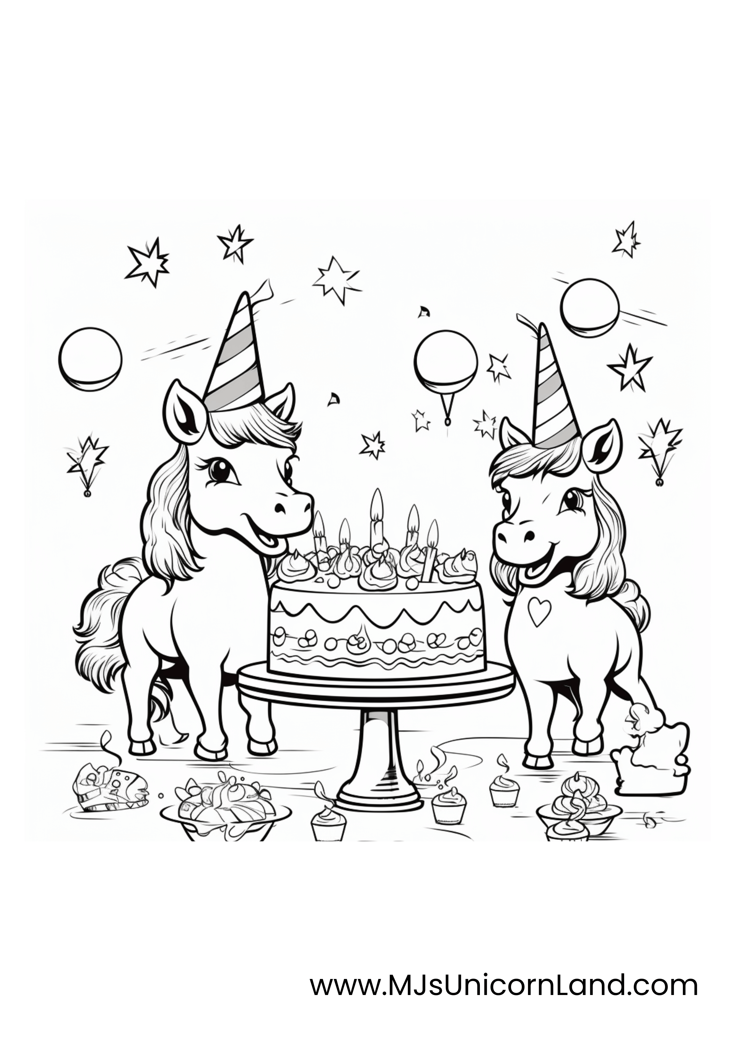 A cute coloring page featuring two unicorns standing next to a big birthday cake in the center, surrounded by cupcakes and general party decor in the background.