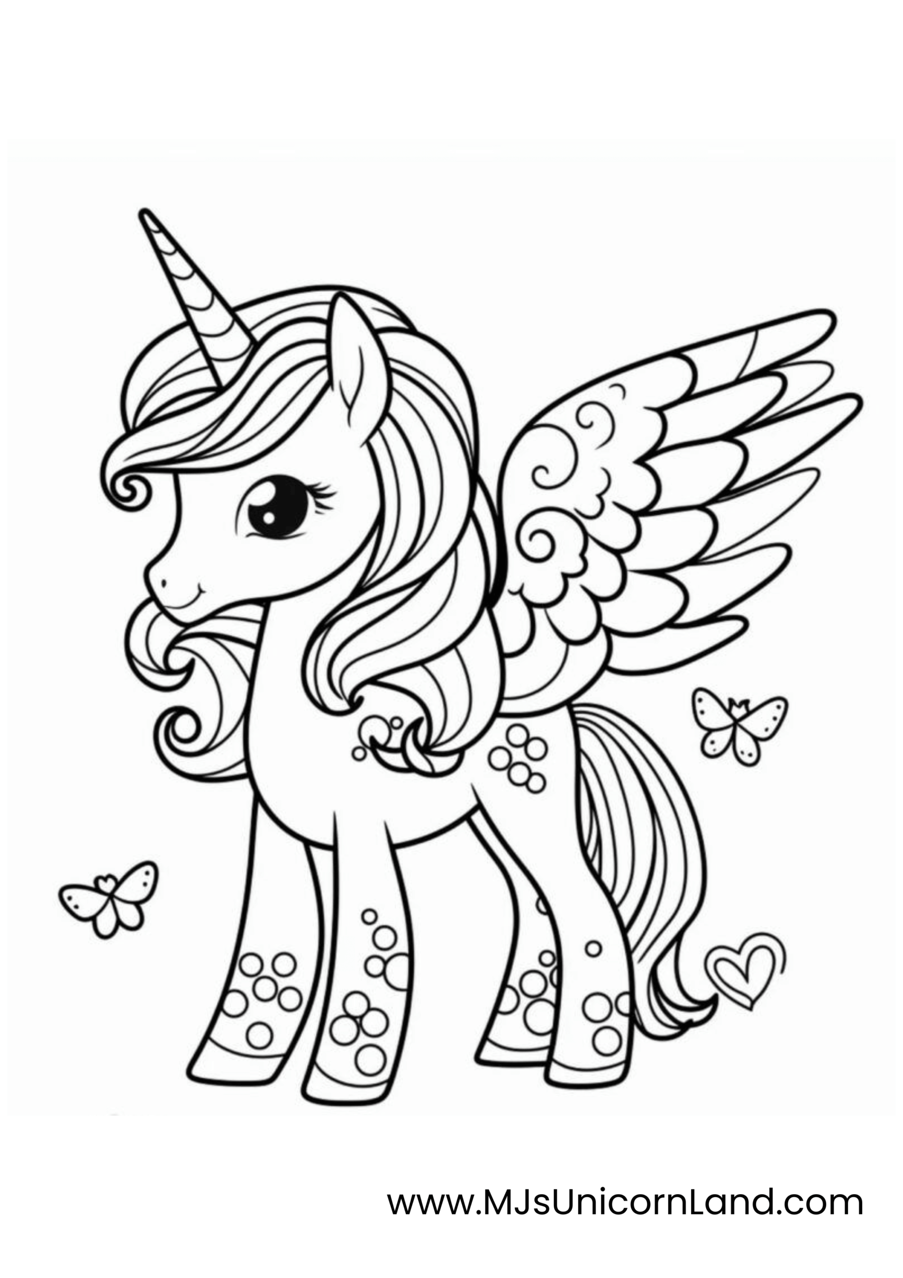  A line art coloring page of a cute unicorn with wings and dotted patterns on its body, flying with butterflies.