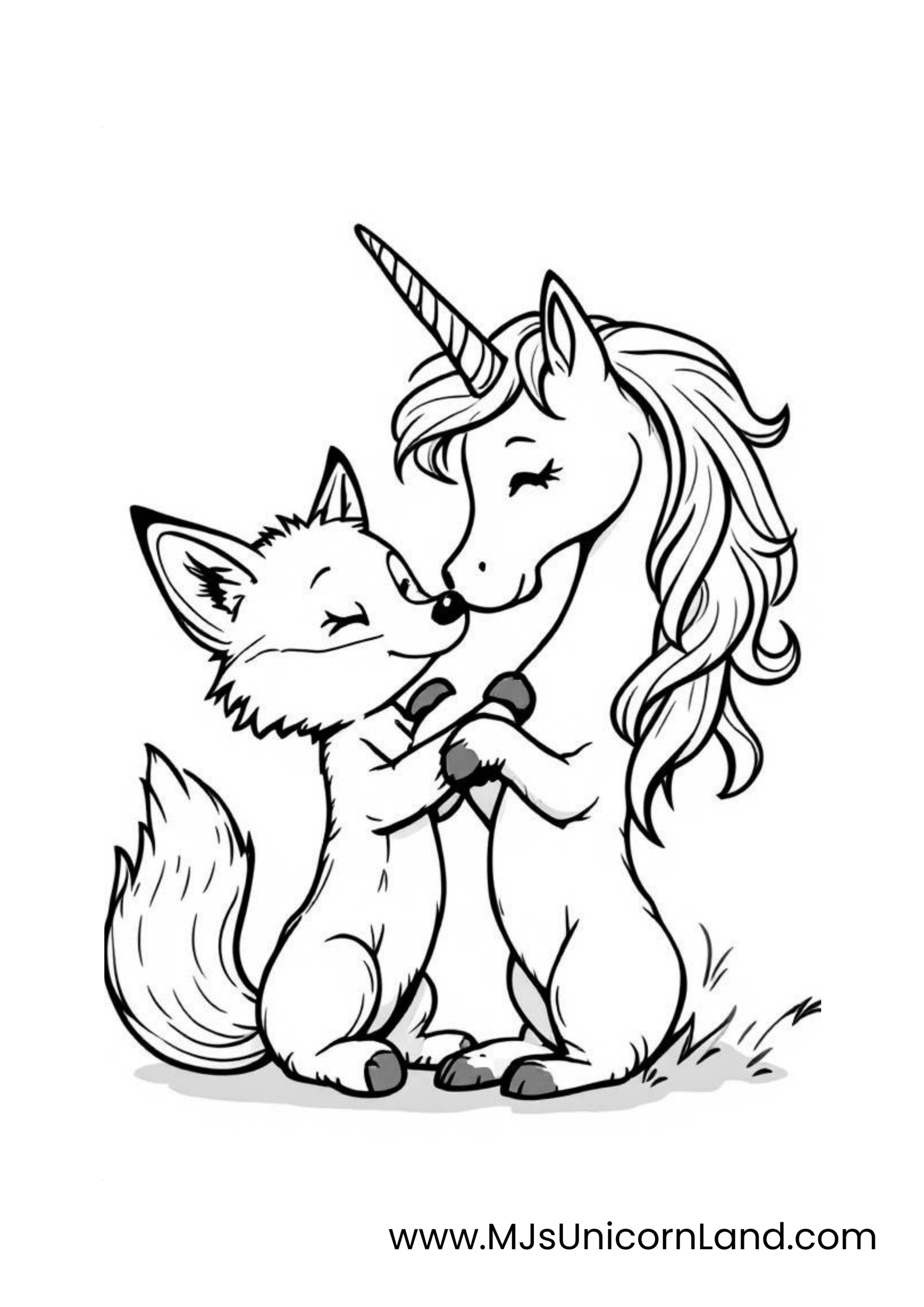 A line art coloring page of a cute unicorn and a fox lovingly touching noses, with their eyes closed.