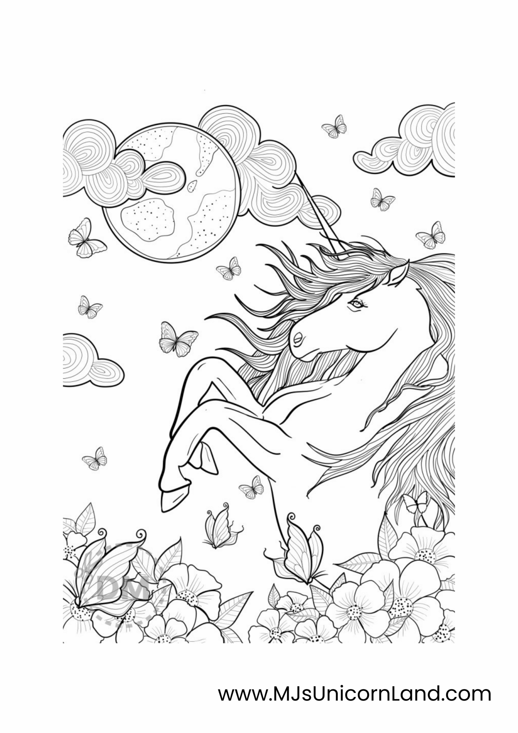 A detailed fantasy coloring page featuring a unicorn rearing up among flowers and butterflies, with a large, stylized moon and clouds in the background.