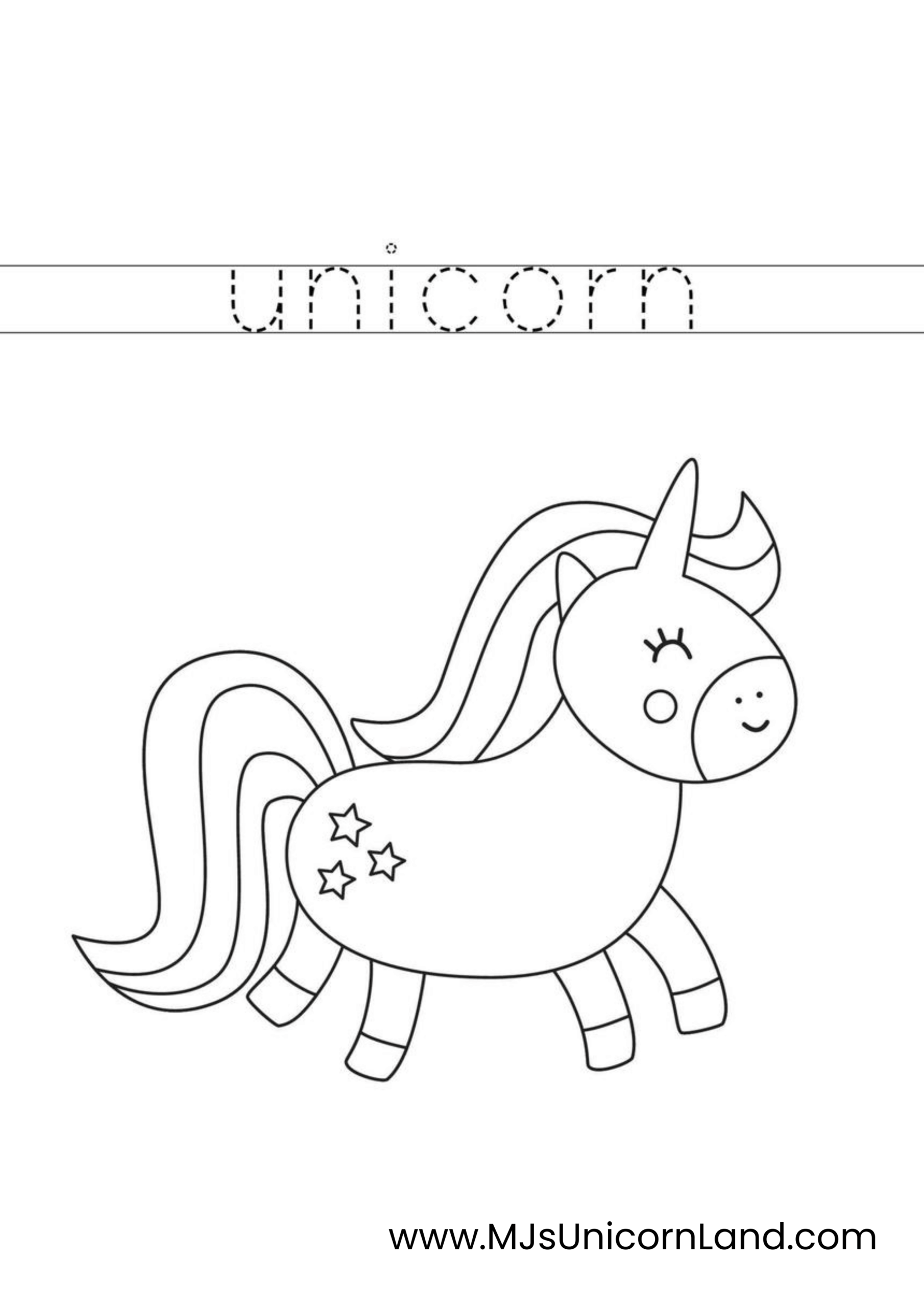 A unicorn tracing sheet for kids to practice their fine motor skills to trace word 'unicorn' and color the cute unicorn.