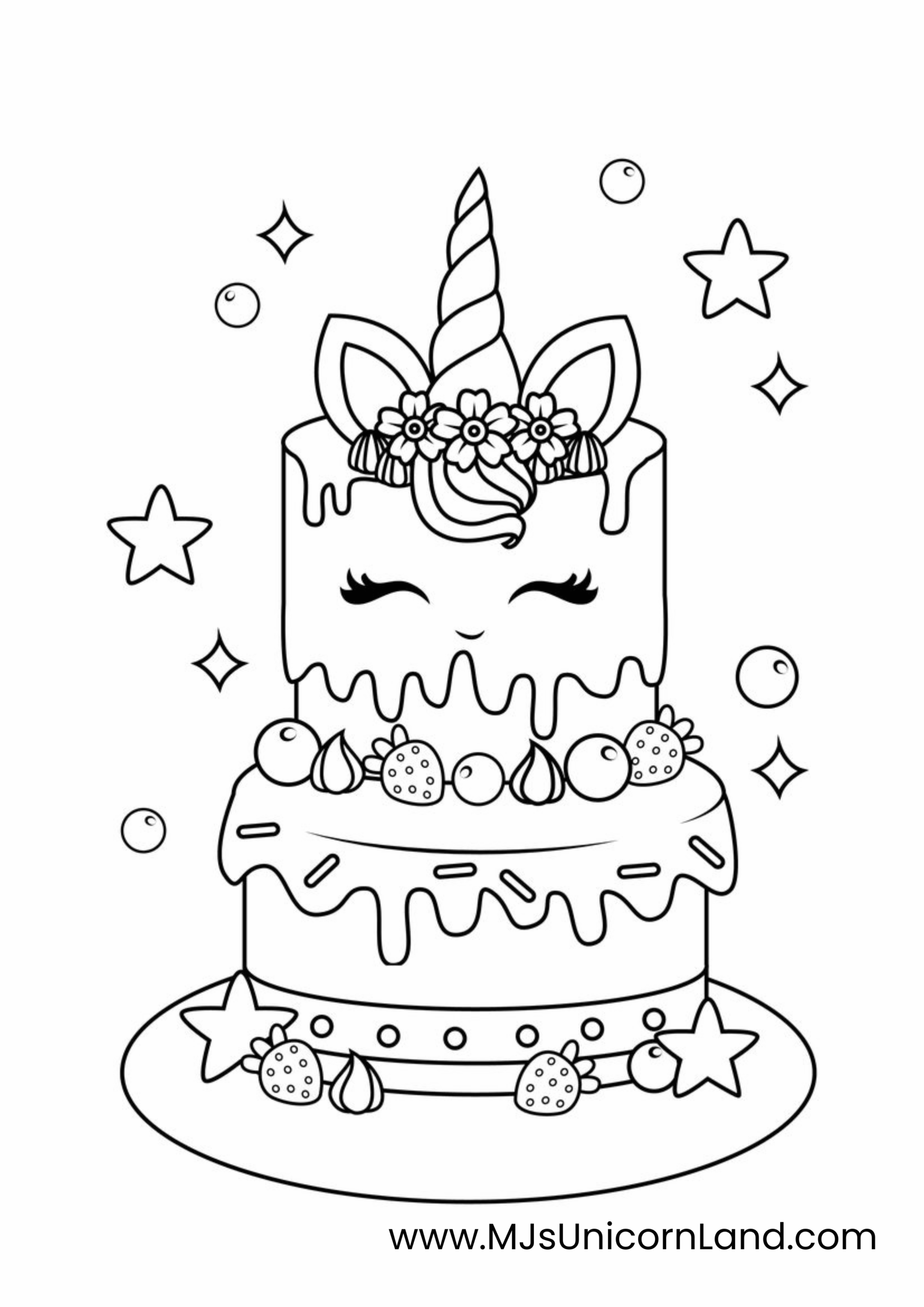 A cute coloring page of a two-tiered birthday cake designed to look like a unicorn, featuring closed eyes, a gentle smile, and a big horn and two ears.