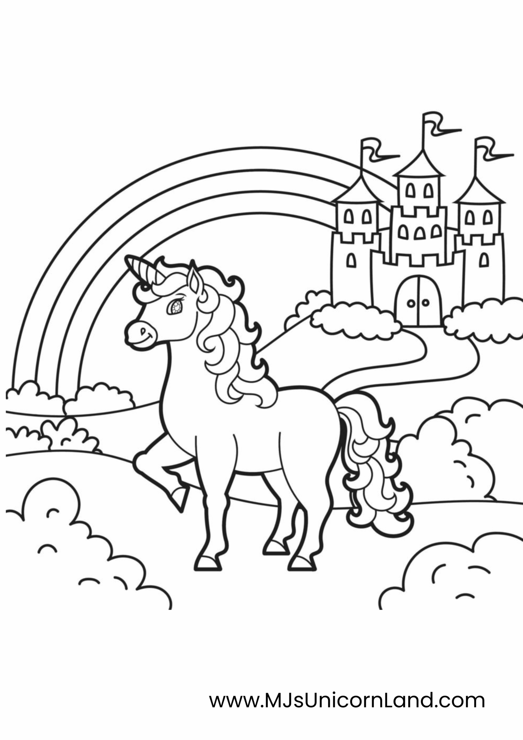 A line art coloring page of a unicorn with a flowing mane, standing in a magical landscape with a rainbow and a large fairytale castle in the background.