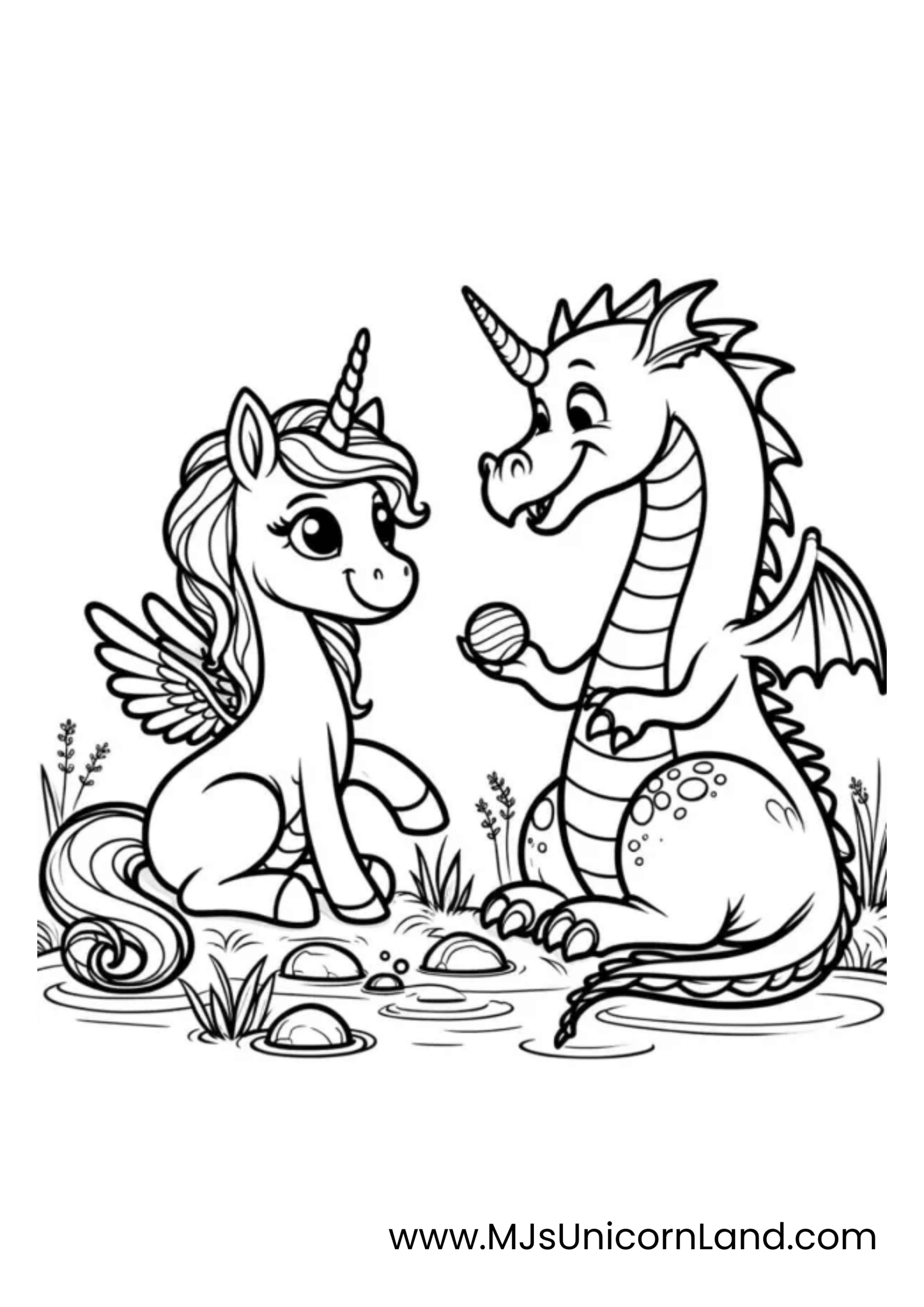 A line art coloring page of a cute unicorn with wings and a dragon playing with a ball in a grassy area with pebbles.