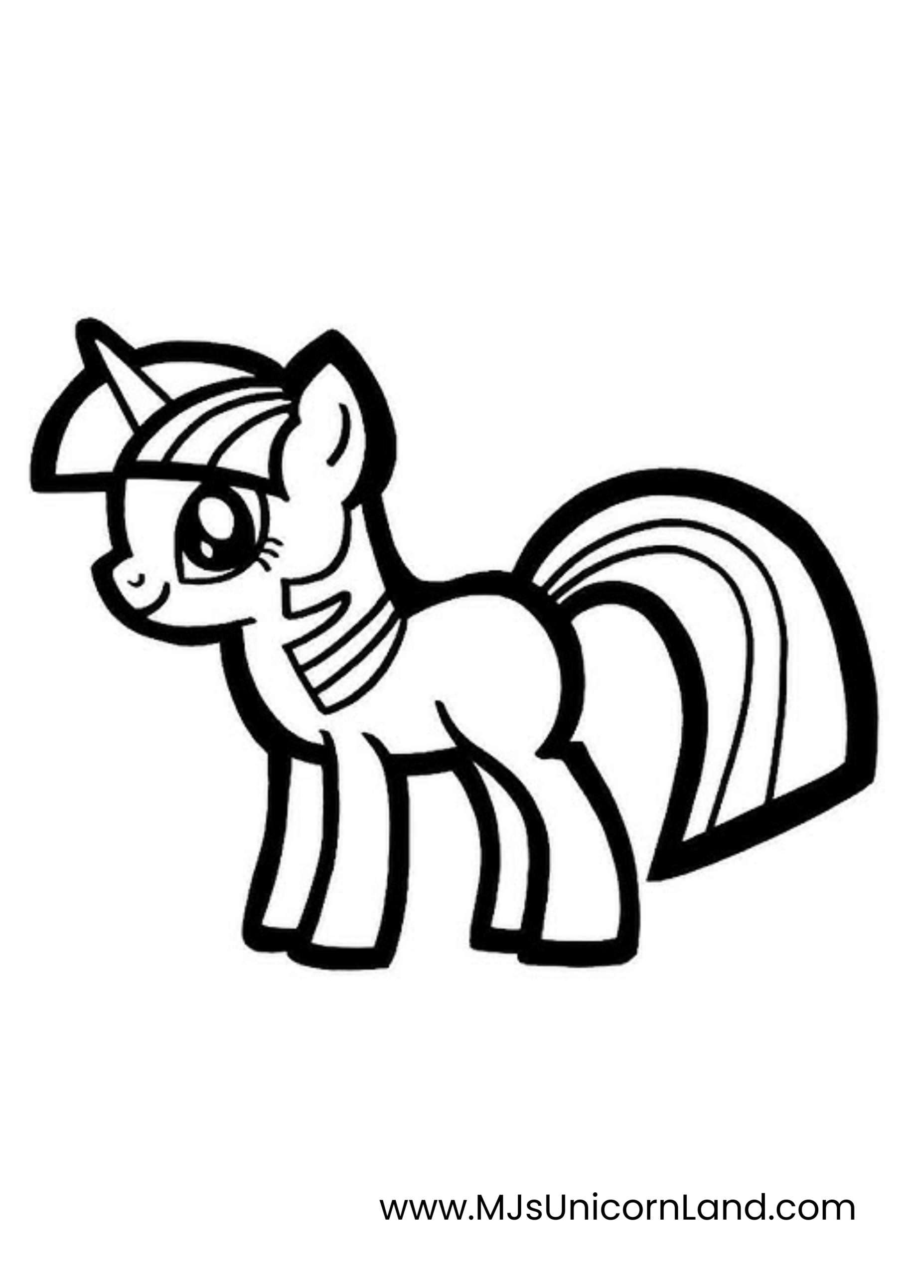 A cute, cartoon-style baby unicorn with a striped mane and tail, similar to a My Little Pony character, presented as a simple coloring page for children.