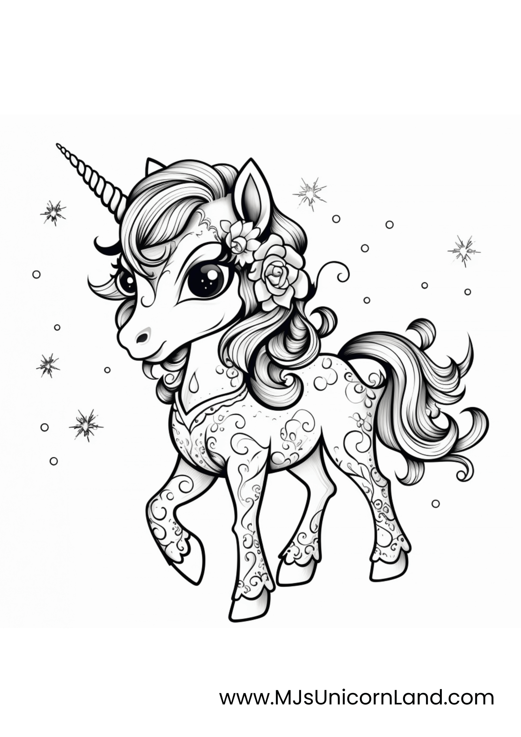A highly stylized coloring page of a cute baby unicorn with intricate, decorative patterns on its body and some flowers in its hair.