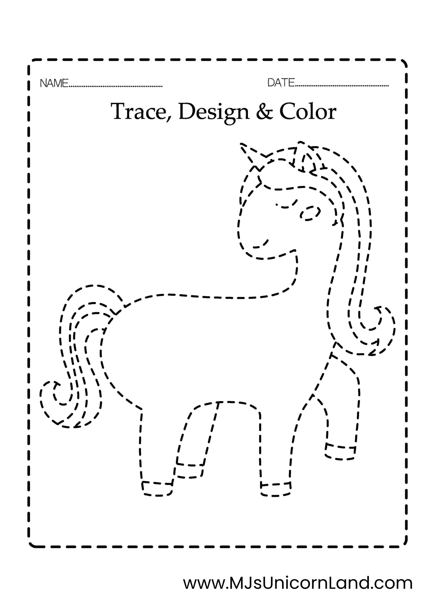 A "Trace, Design & Color" unicorn activity sheet for kids to practice their drawing and design skills.