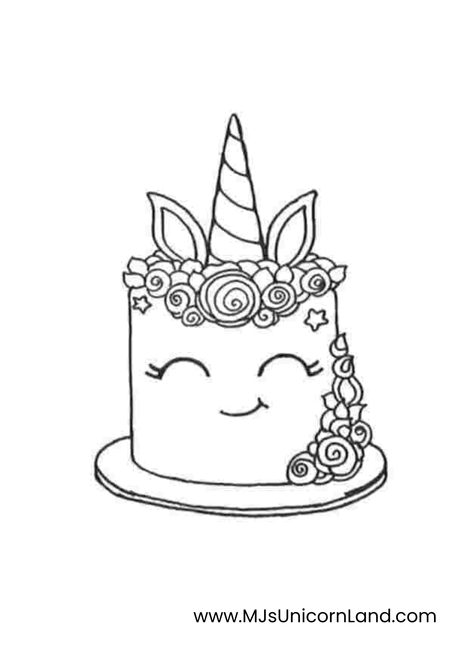 A detailed coloring page of a birthday cake decorated like a unicorn, with closed eyes, a smiling mouth, a horn, and a floral wreath detail on its head.