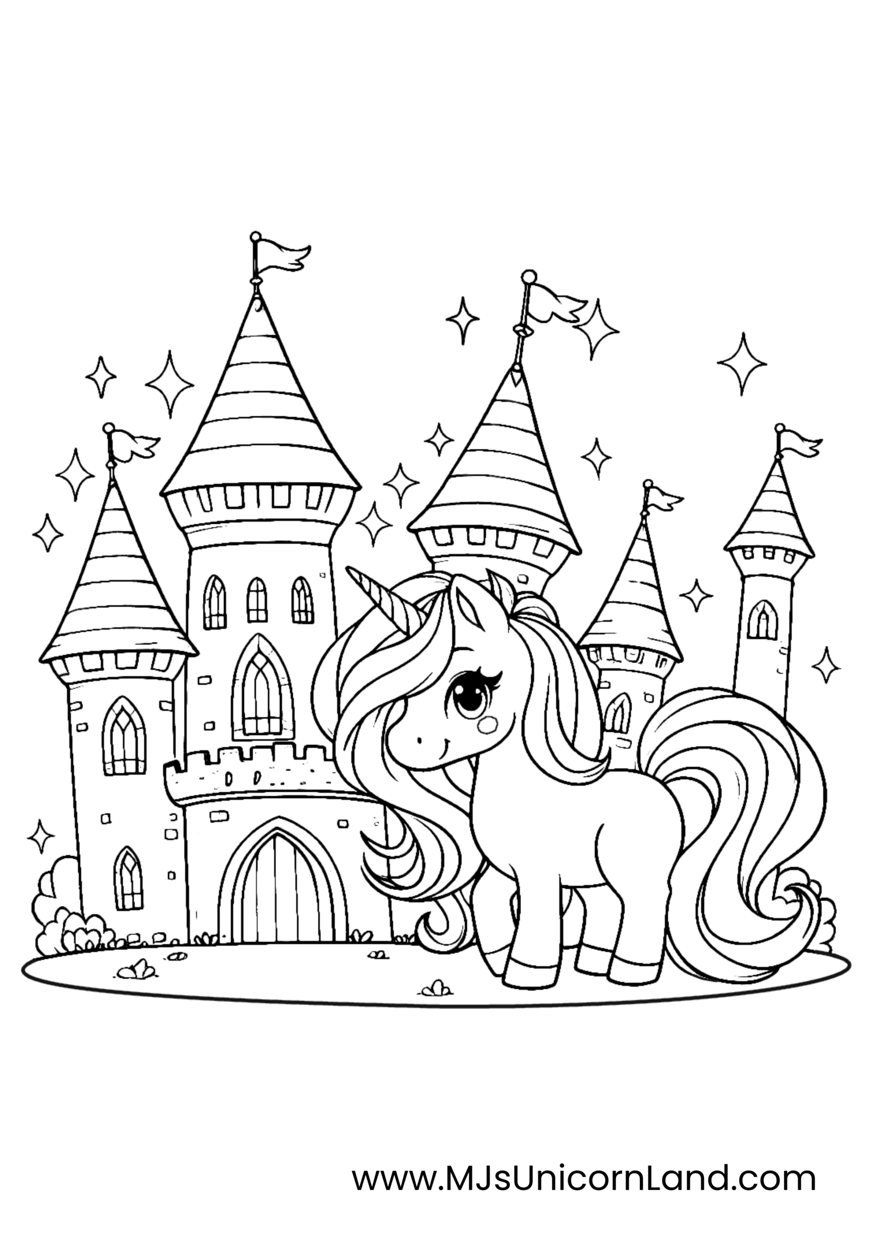 A line art coloring page of a cute unicorn standing in front of a magical castle with flags and sparkles.