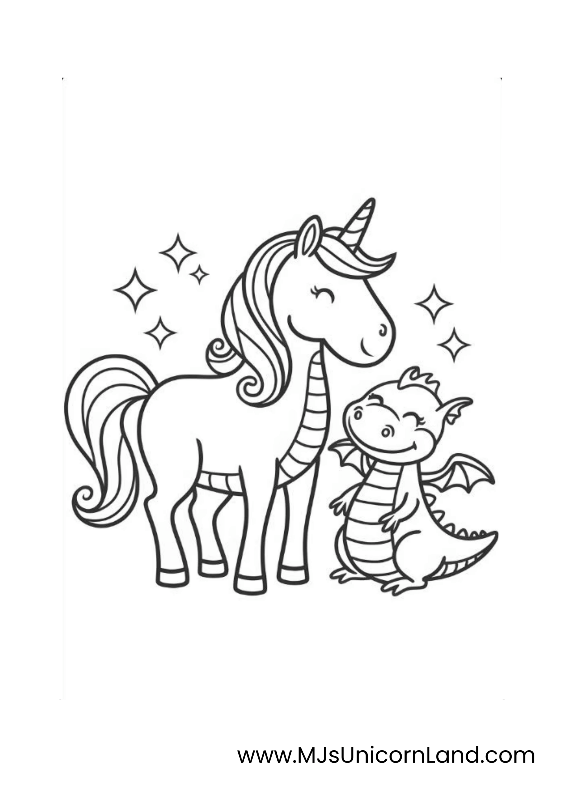 A line art coloring page of a cute unicorn and a smiling baby dragon standing together.