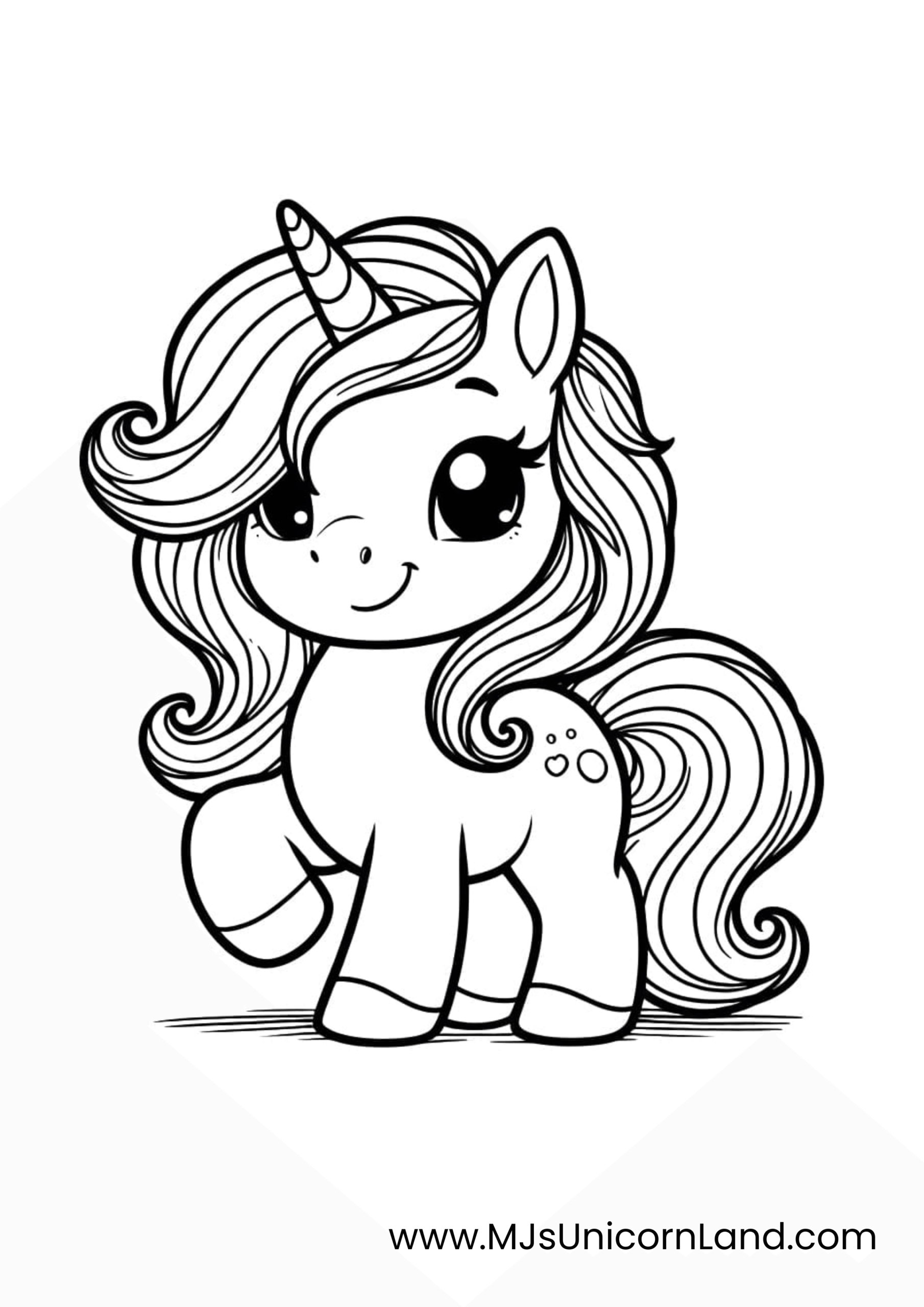 A cute, young unicorn with big eyes and a fluffy, curly mane and tail, perfect for an easy kids' coloring page.