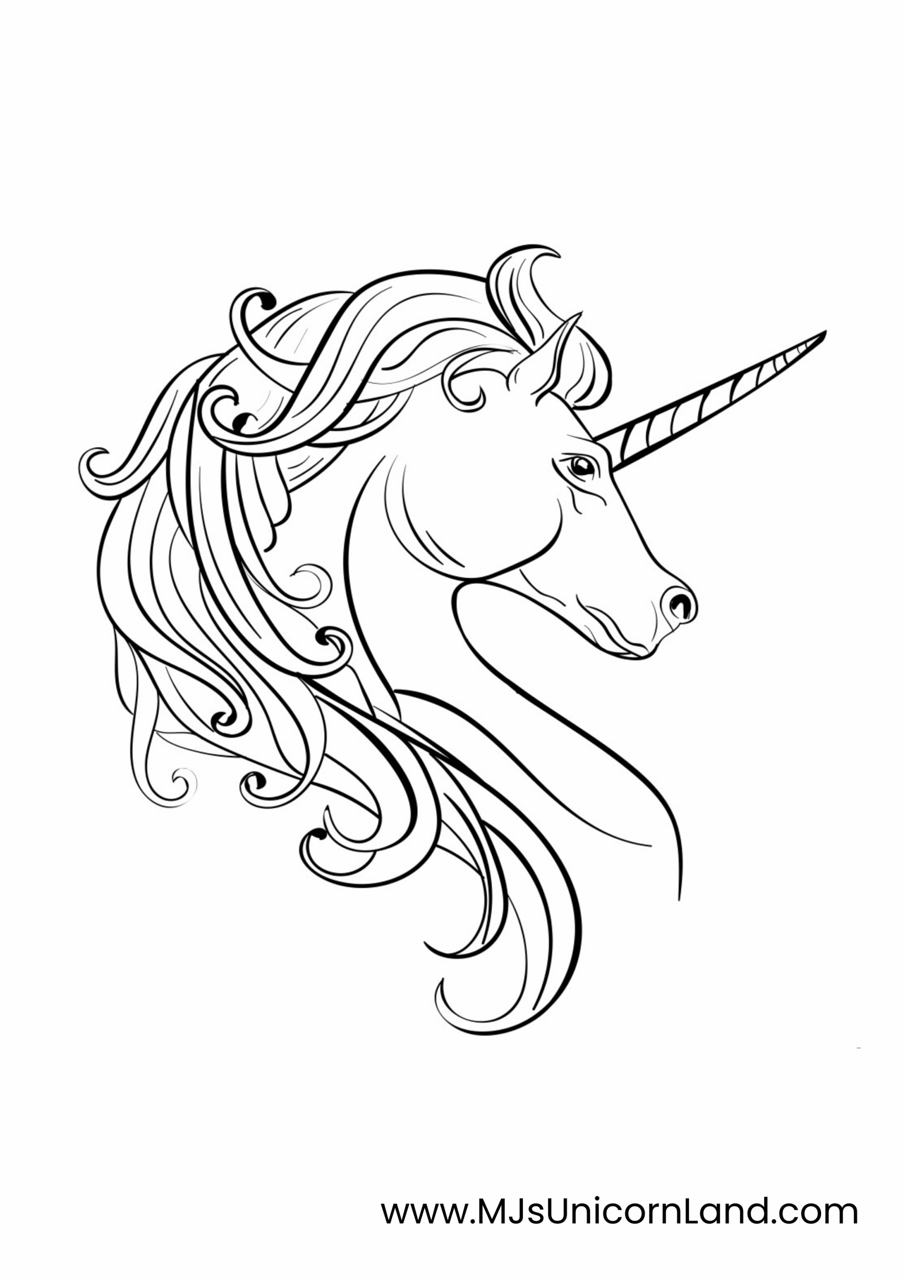 An intricate line art coloring page of a unicorn's head with an elaborate, swirling horn and a detailed, flowing mane, suitable for advanced coloring.