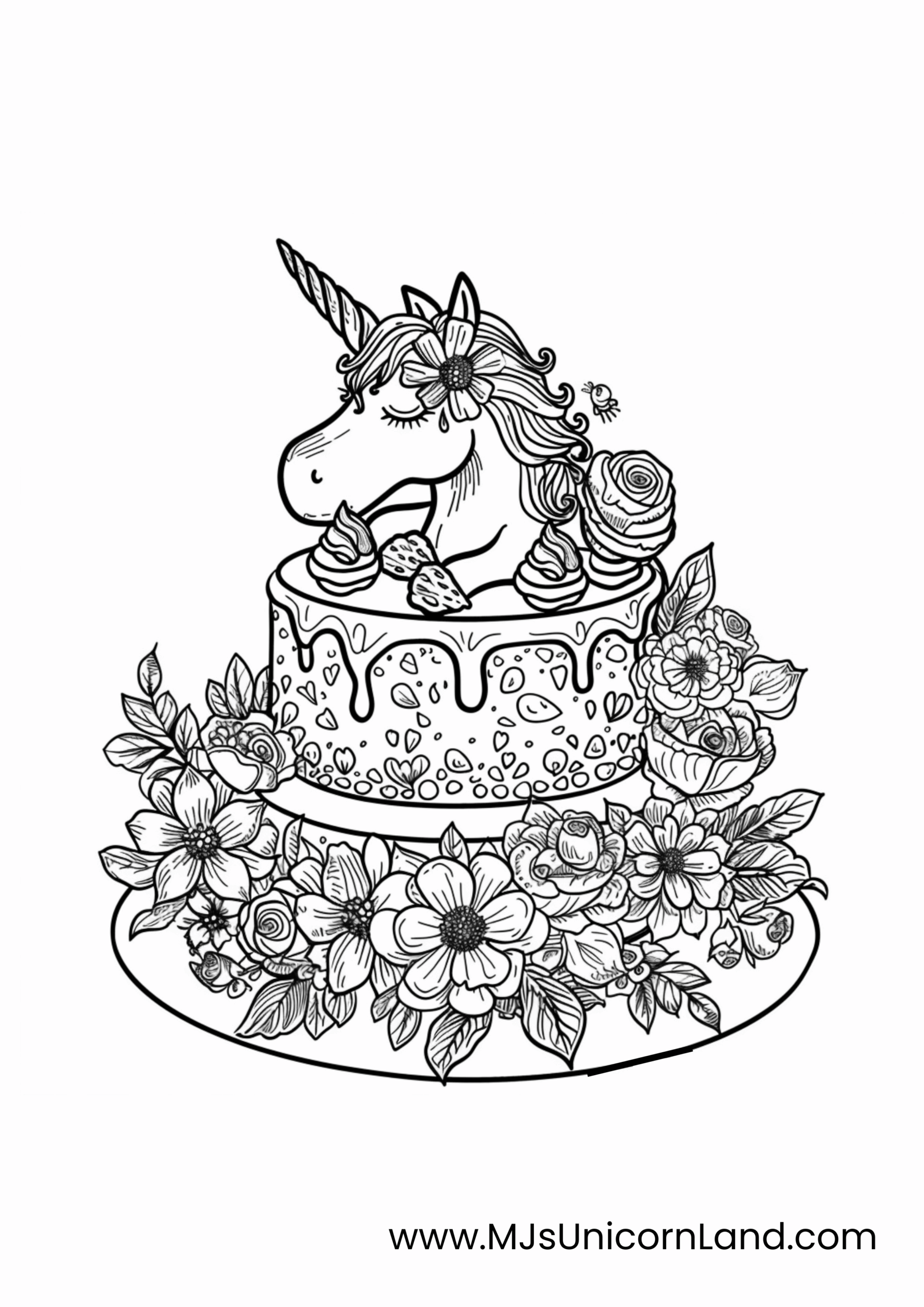A cute coloring page featuring a two-tiered birthday cake with the bottom layer covered in flowers, and a unicorn head with closed eyes and a flower below its ear resting on the top layer.