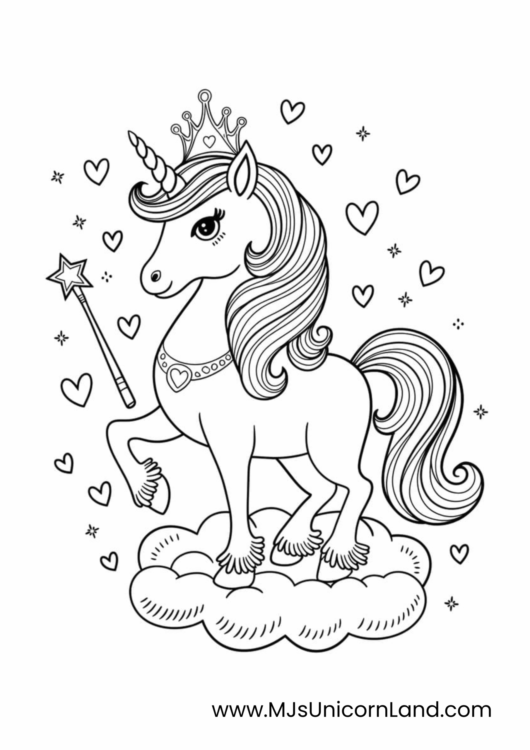A line art coloring page of a majestic unicorn wearing a crown, standing on a cloud, holding a magic wand. It is surrounded by hearts and stars.