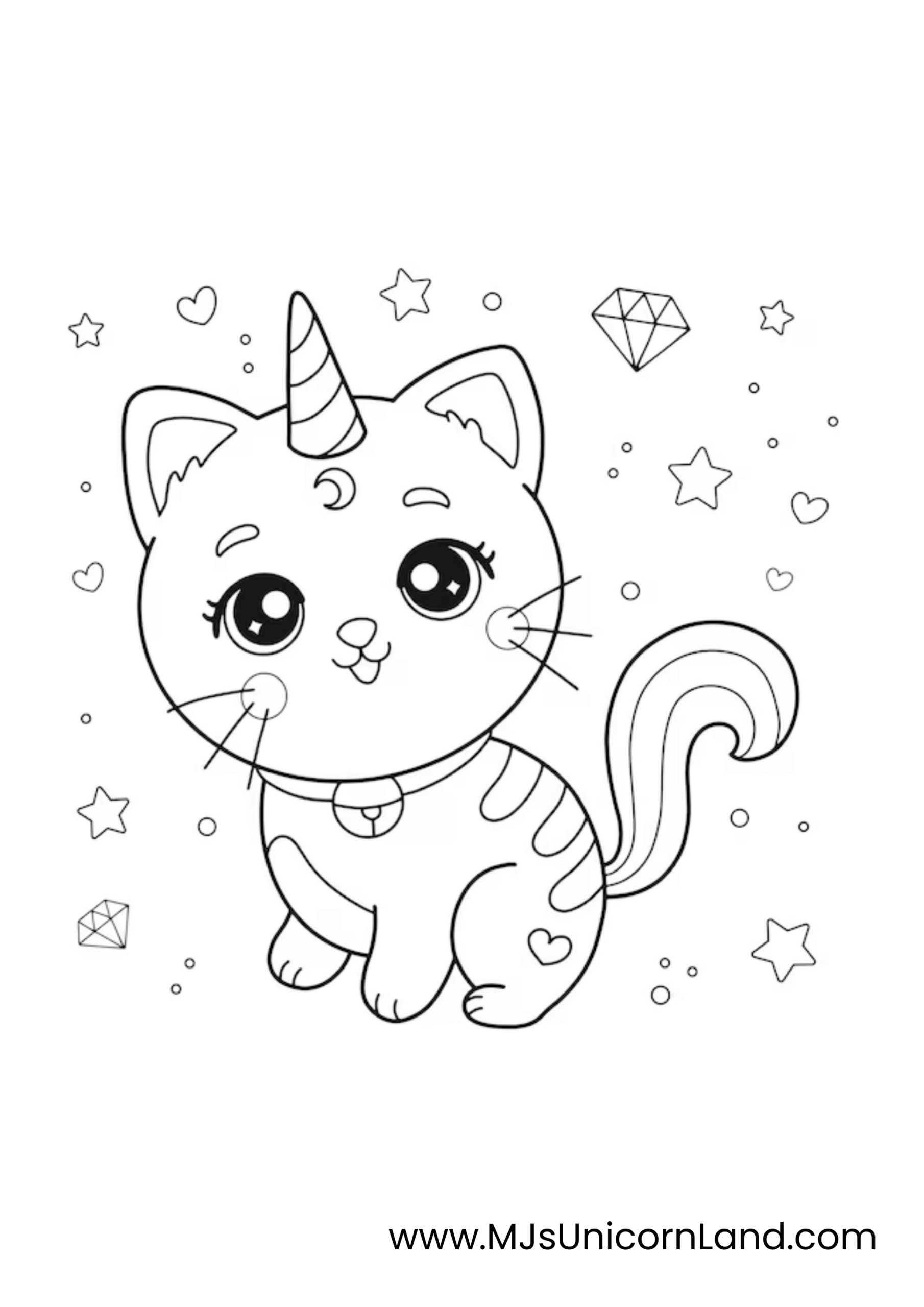 A line art coloring page of a cute unicorn cat with a unicorn horn, sitting and smiling happily. It is surrounded by stars and diamond shapes.