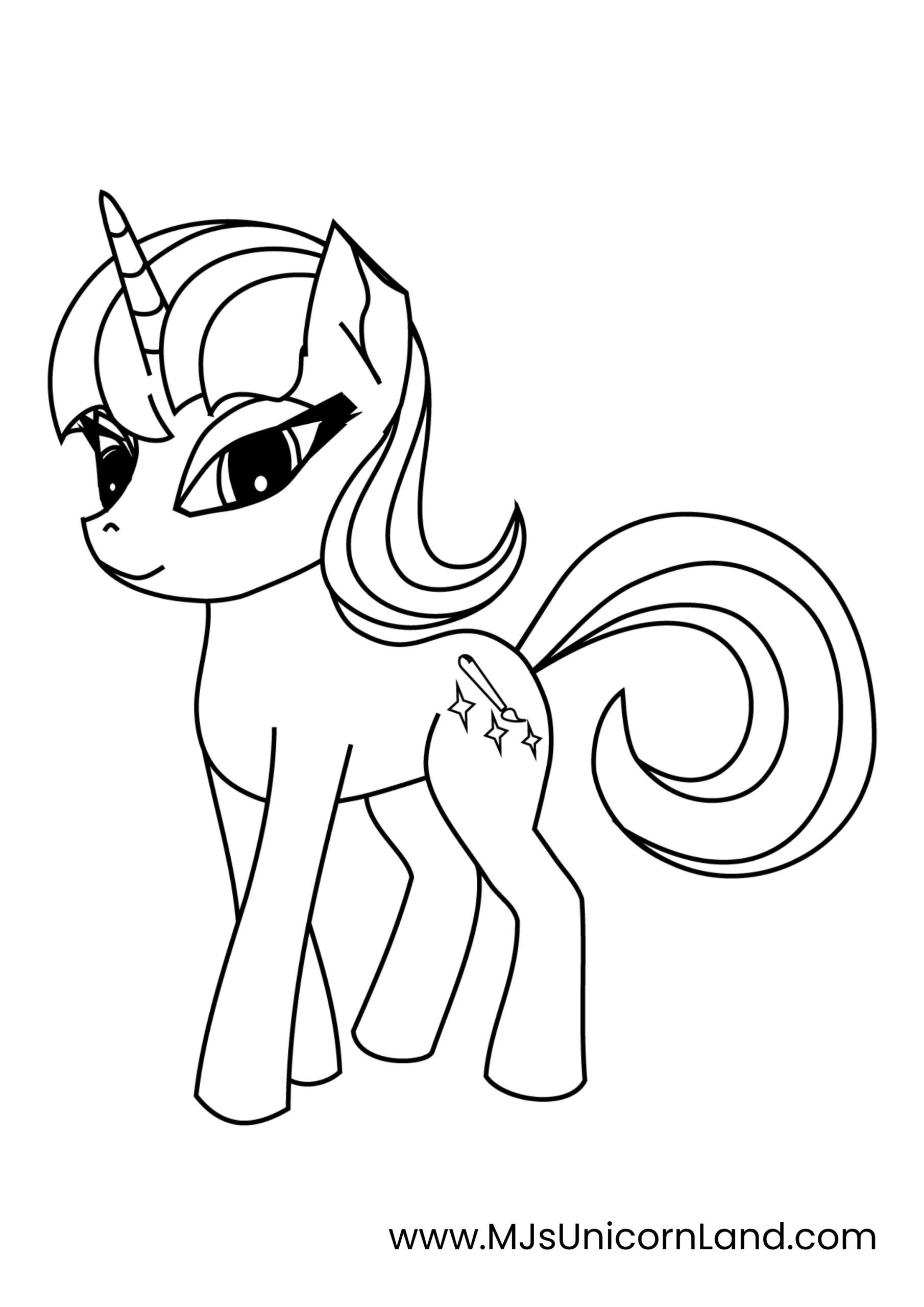 A simple coloring page of a My Little Pony-style unicorn with big eyes and a star on its flank, perfect for children to color.