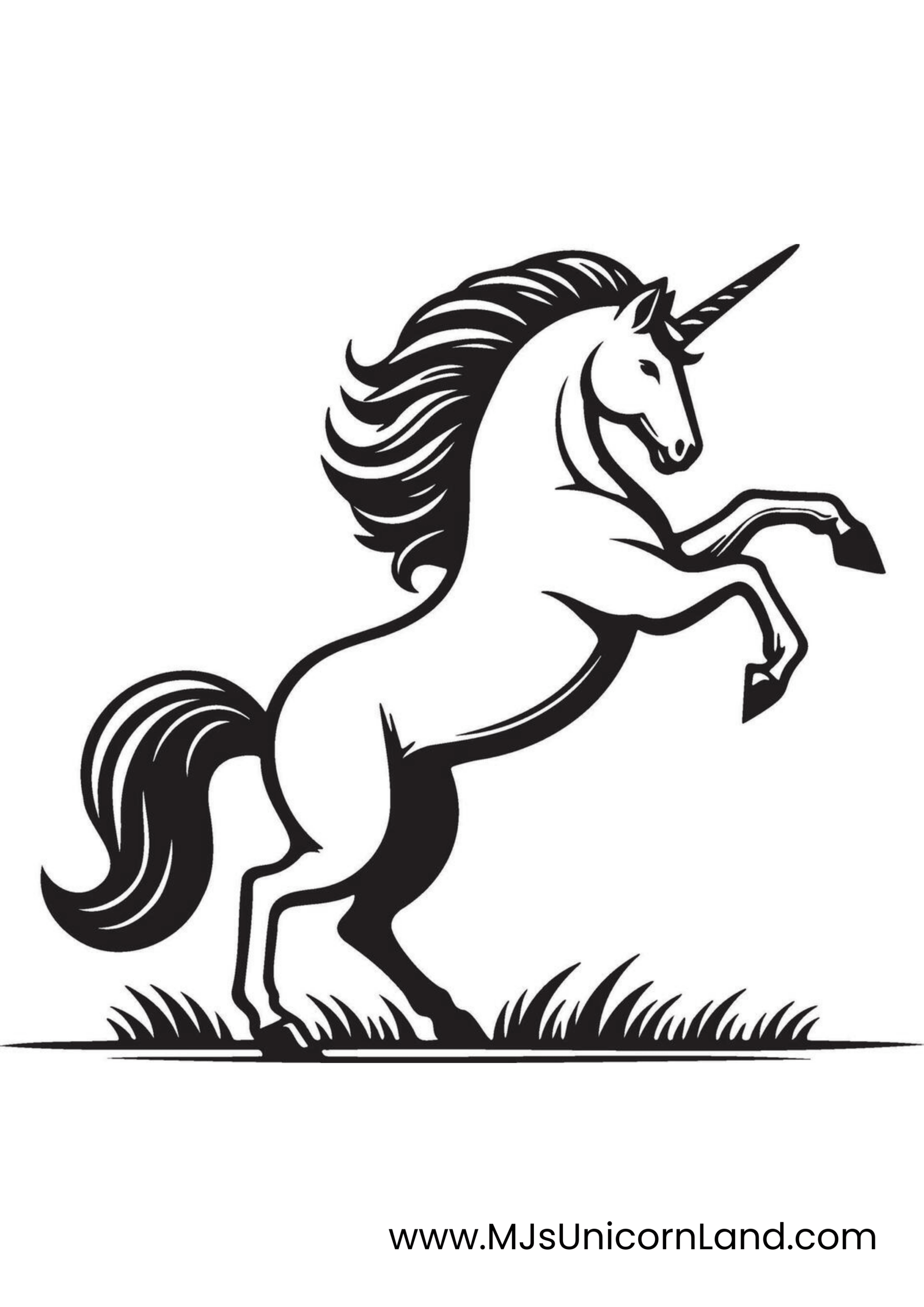 A bold, graphic coloring page of a powerful unicorn rearing up in a classic fantasy pose.