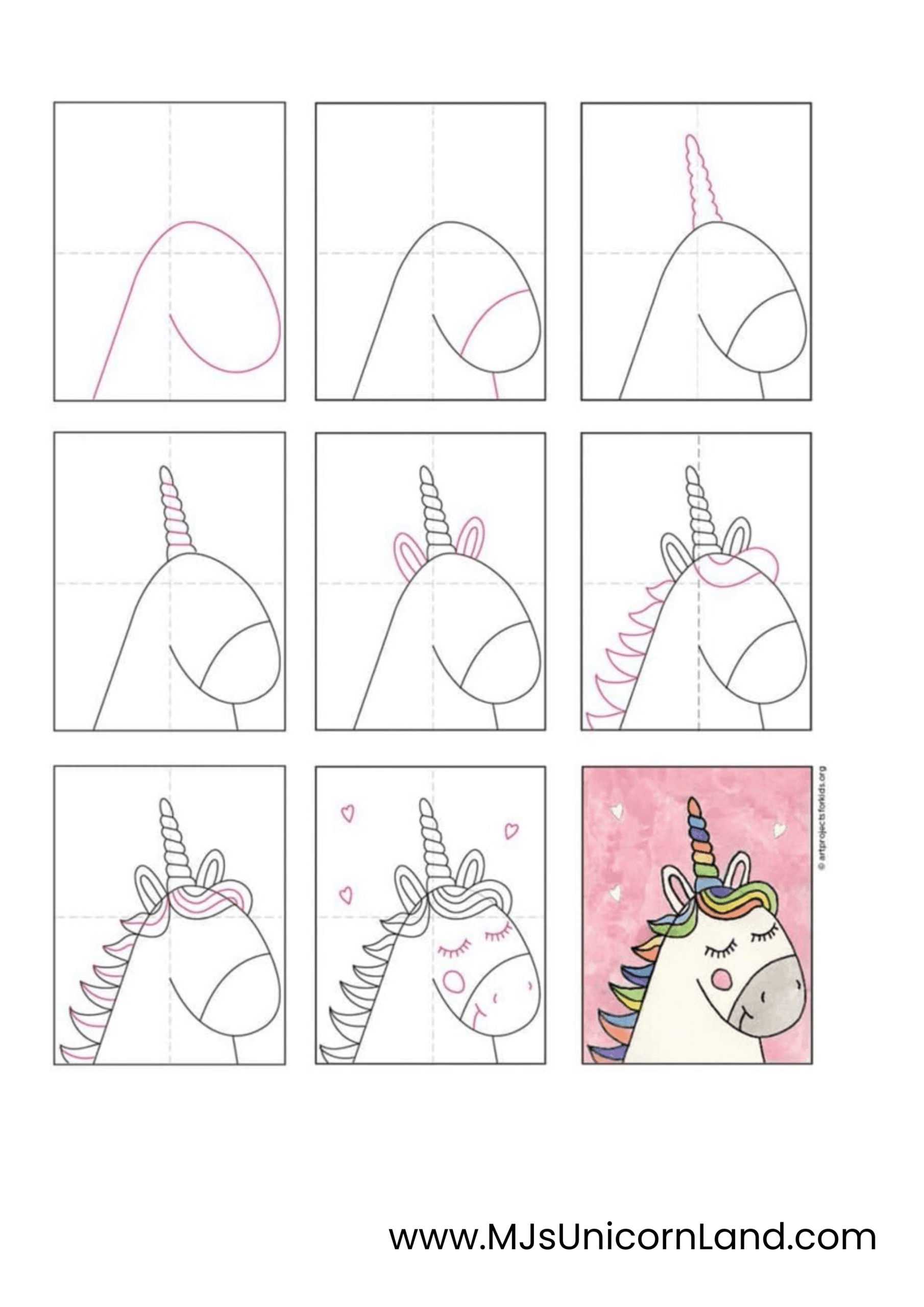 A step-by-step educational guide showing how to draw a cute unicorn's face in eight easy steps.