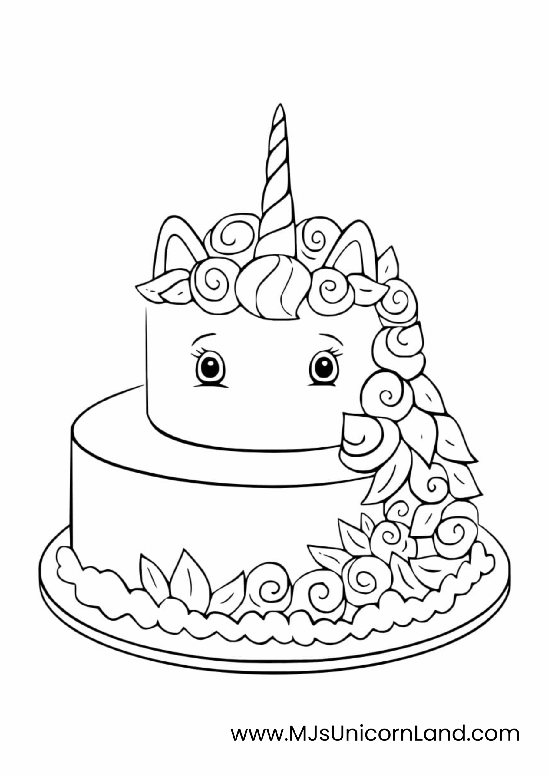 A detailed coloring page of a two-tiered birthday cake decorated like a unicorn, showing only its open eyes peering out from behind a flowing mane of icing curls and leaves.
