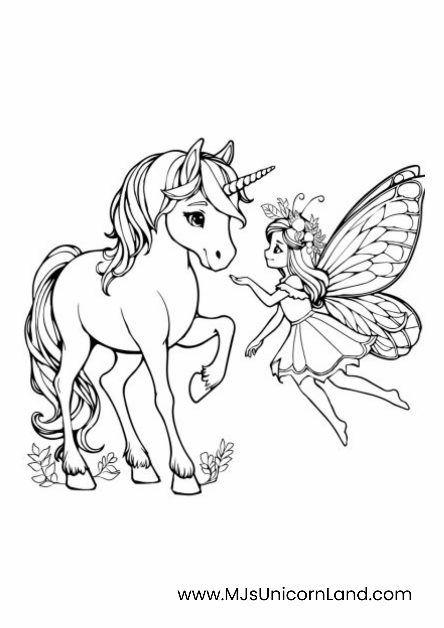 A line art coloring page of a majestic unicorn with a flowing mane, facing a pixie or a fairy with large butterfly wings and a floral crown.
