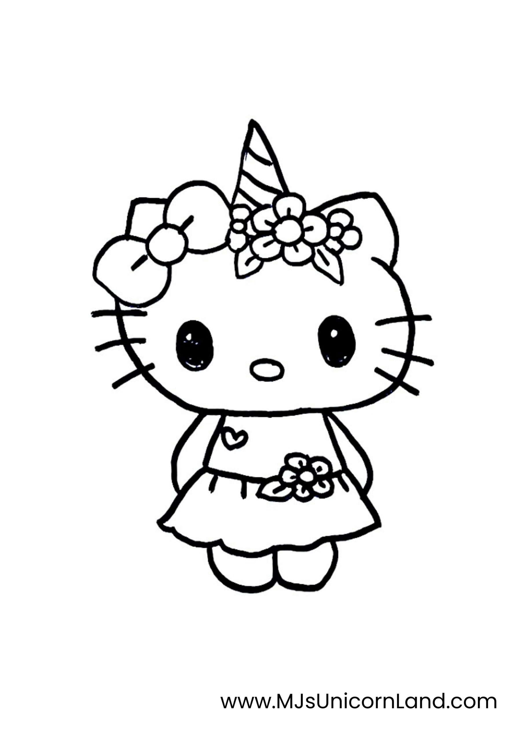 A line art coloring page of a cute Hello Kitty character dressed as a unicorn, with a horn and a bow, wearing a dress with a heart on it.