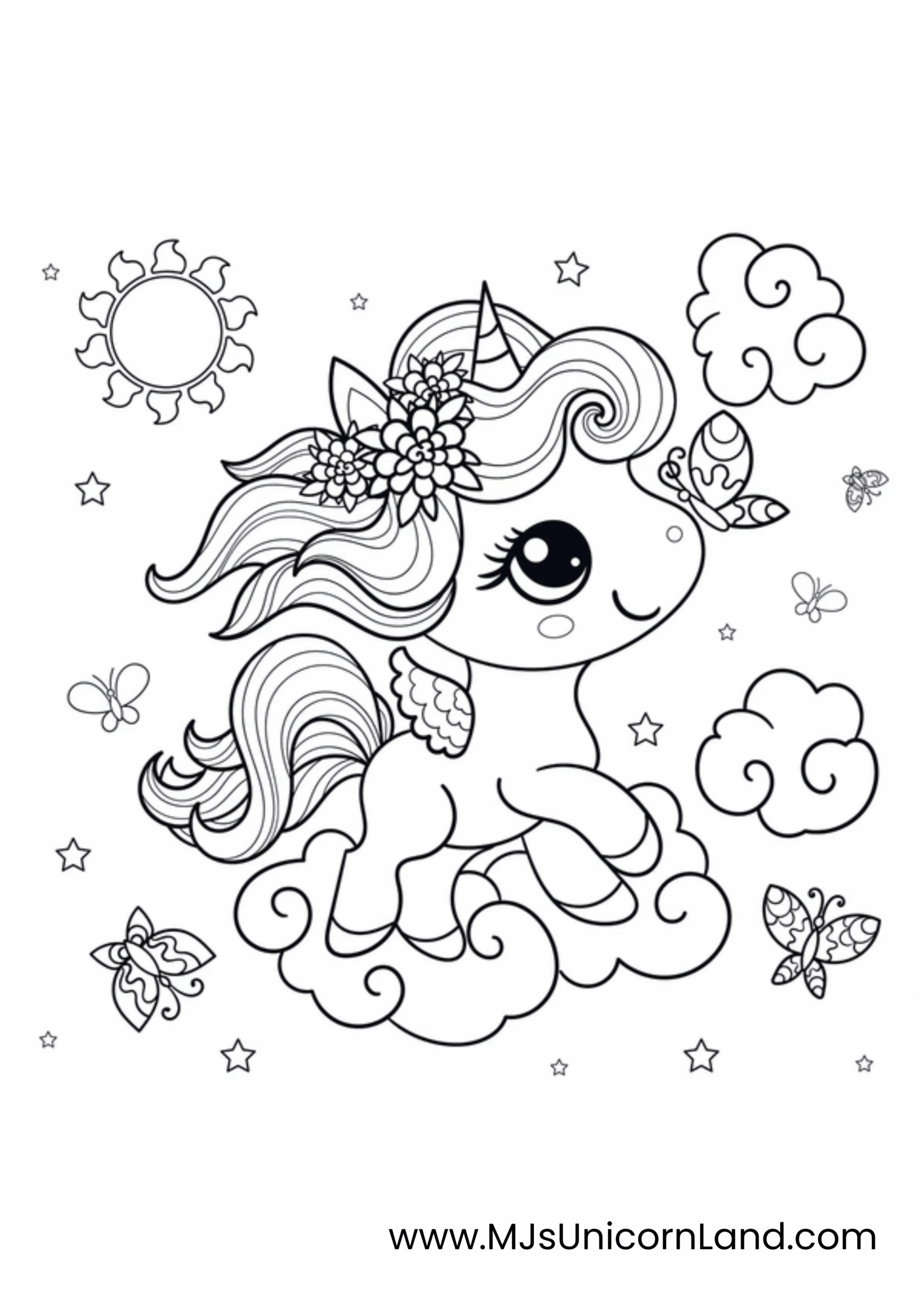 A cute coloring page featuring a unicorn with a floral crown, floating on a cloud with a butterfly on its nose, surrounded by other butterflies, stars, and a simple sun. Perfect for kids' nature and fantasy coloring.