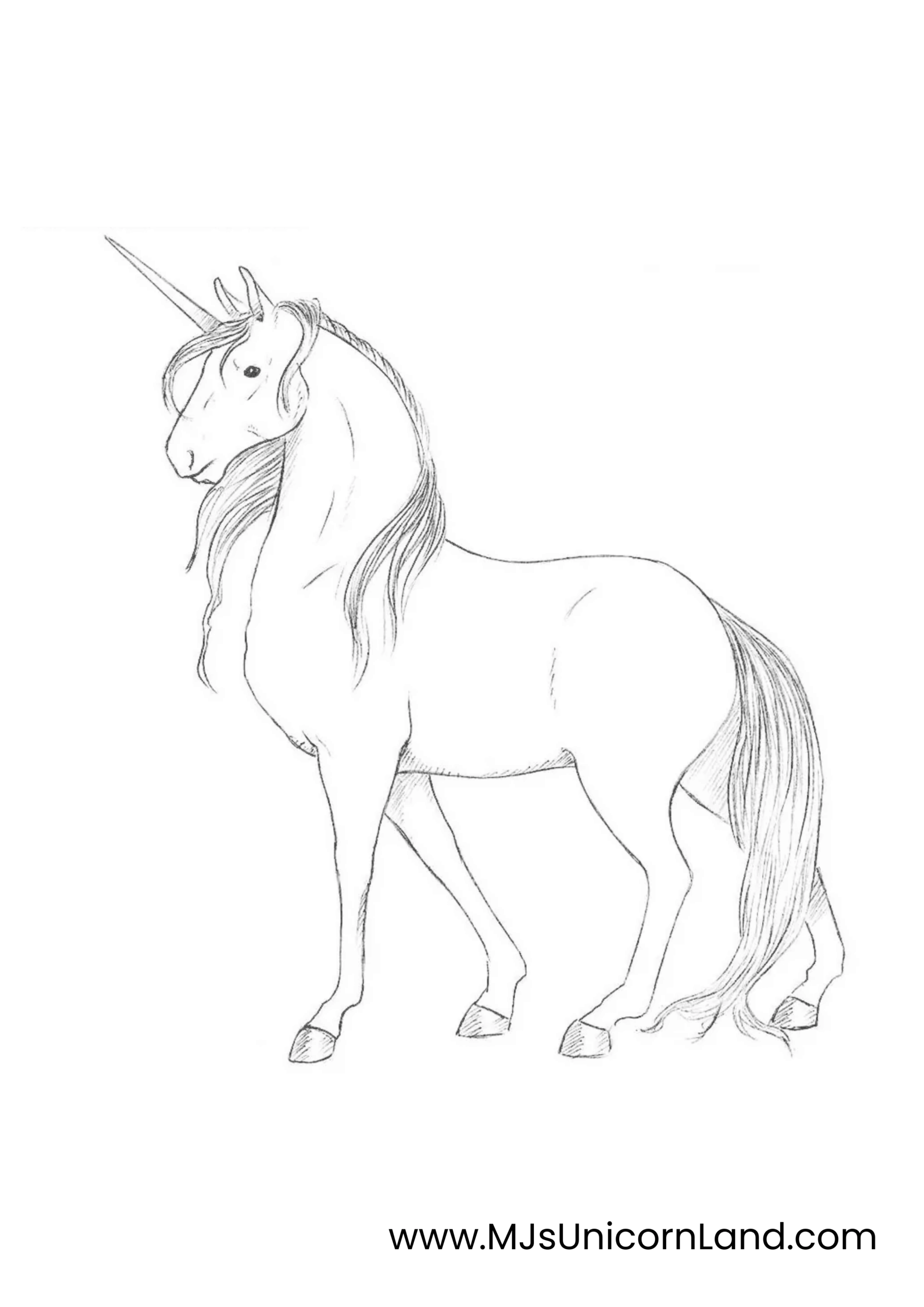 A realistic sketch-style coloring page of a unicorn with a detailed body and flowing mane, suitable for advanced artists.