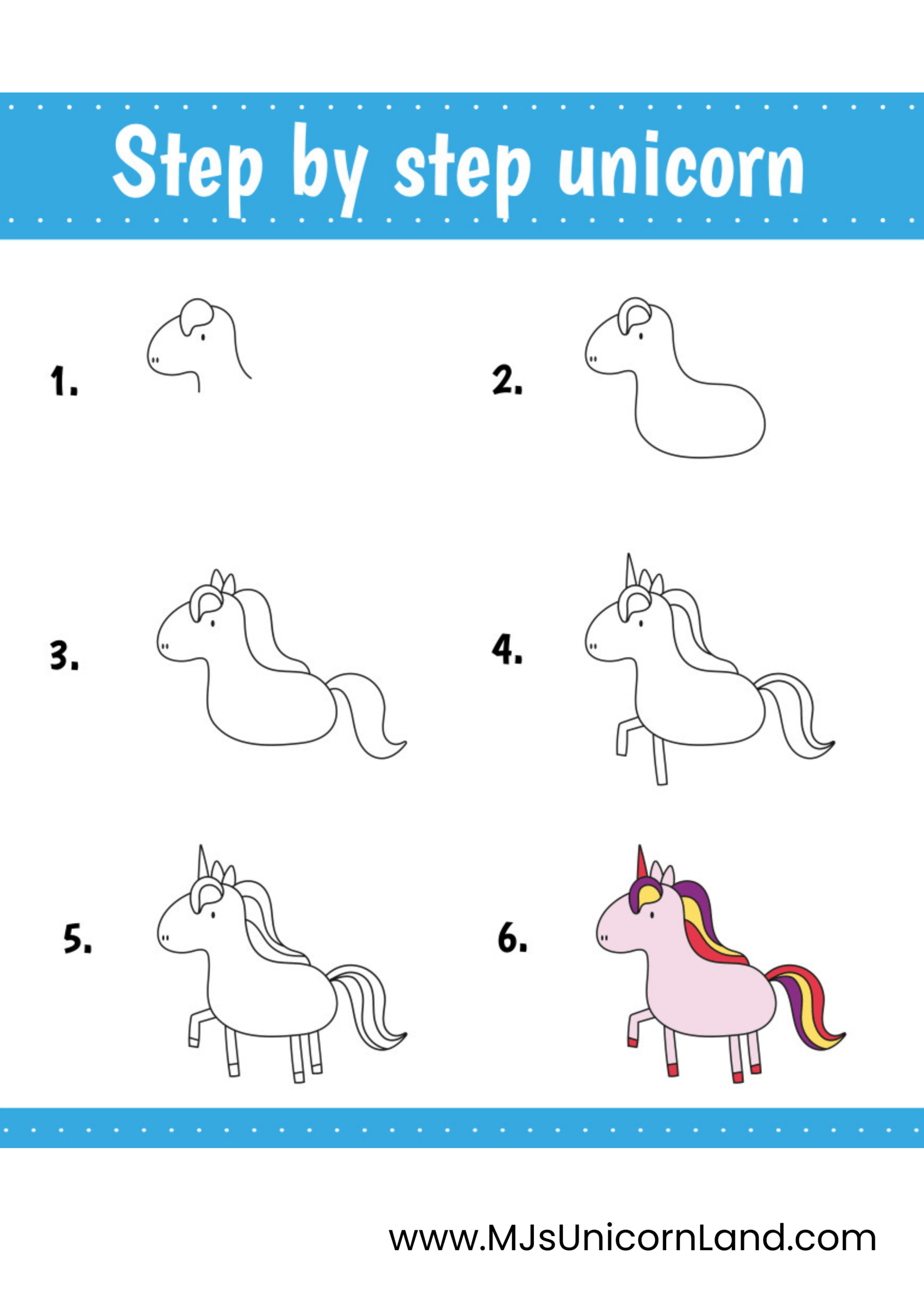 A step-by-step educational guide showing how to draw a cute unicorn body in six easy steps.