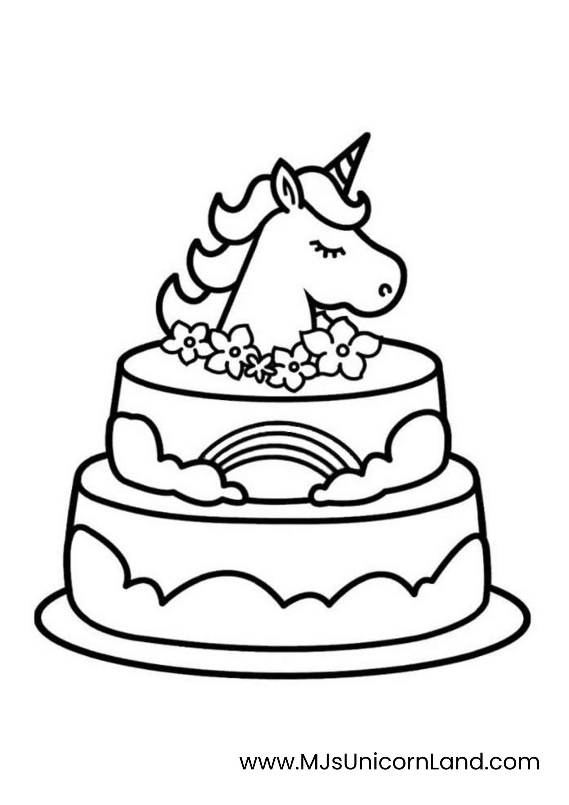 A cute coloring page of a two-tiered birthday cake with a unicorn head topper that has closed eyes, surrounded by flowers and a rainbow on the upper tier.