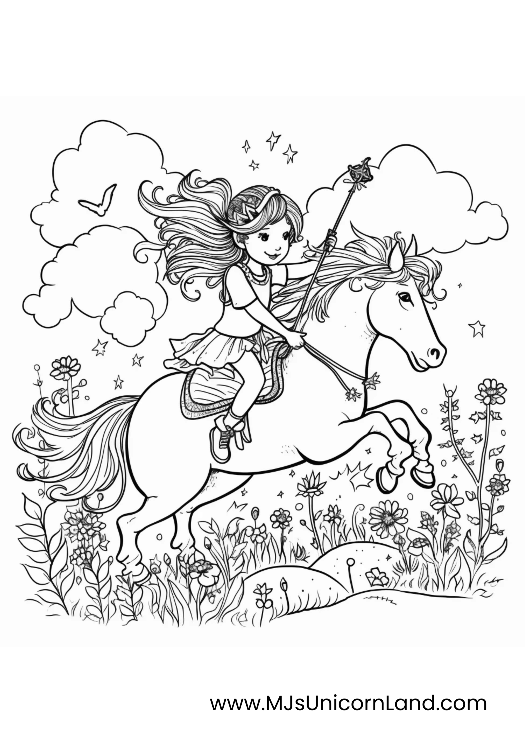 A line art coloring page of a happy girl with a crown and a wand, riding a unicorn through a field of flowers with stars and clouds.
