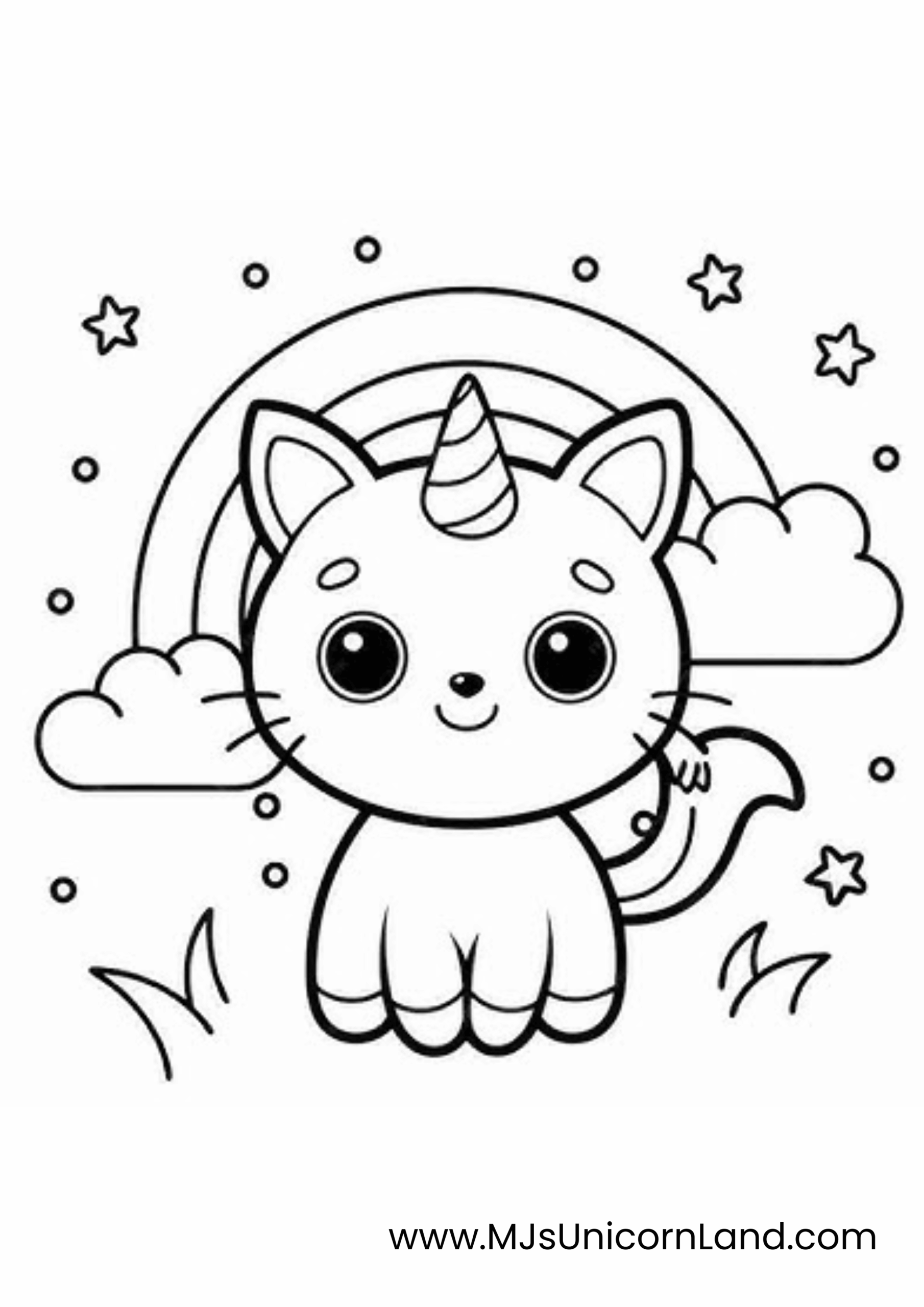 A line art coloring page of a cute and simple unicorn cat with a horn, sitting in a field with a rainbow and stars.