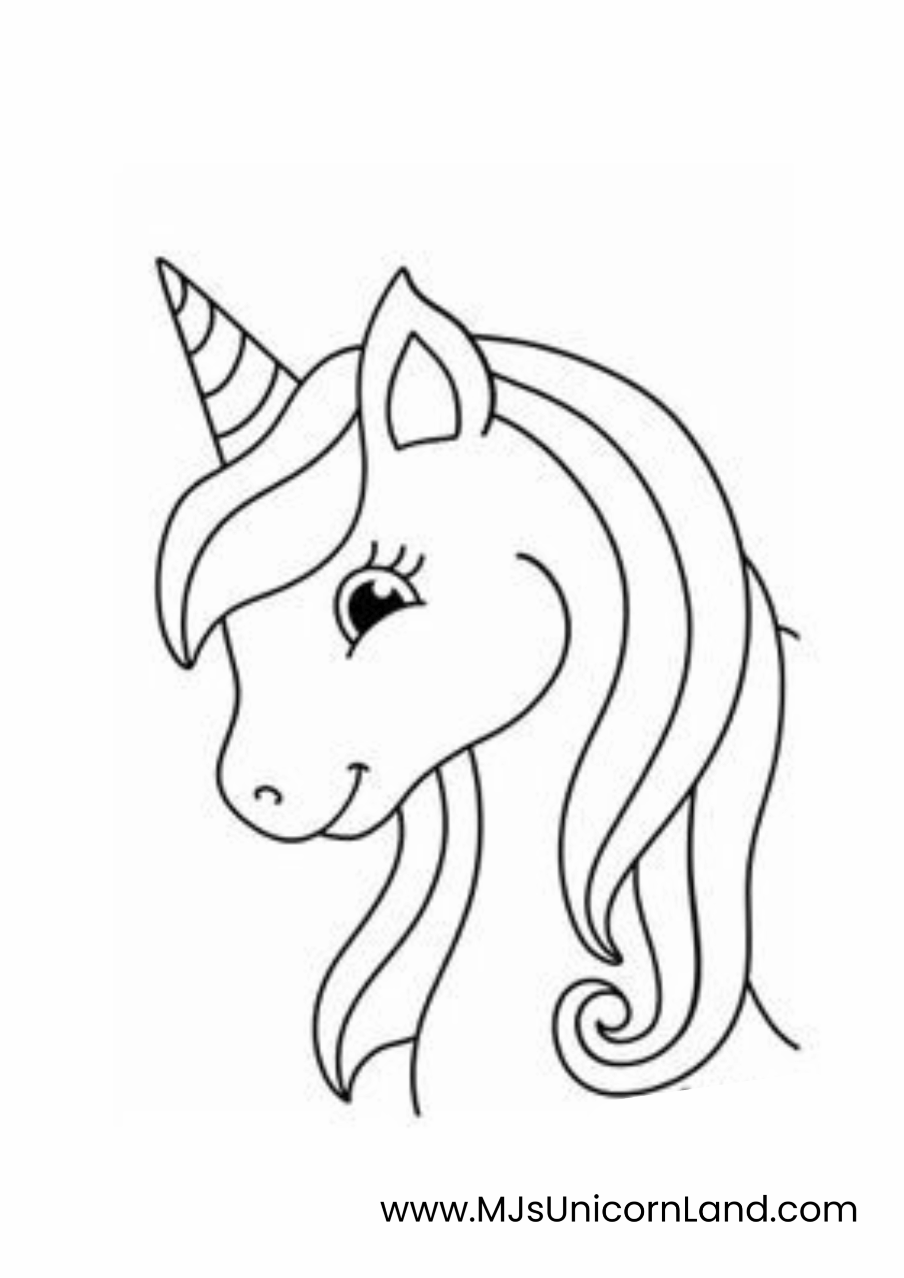 A cute coloring page featuring a happy unicorn's head with a simple flowing mane, perfect for young children.