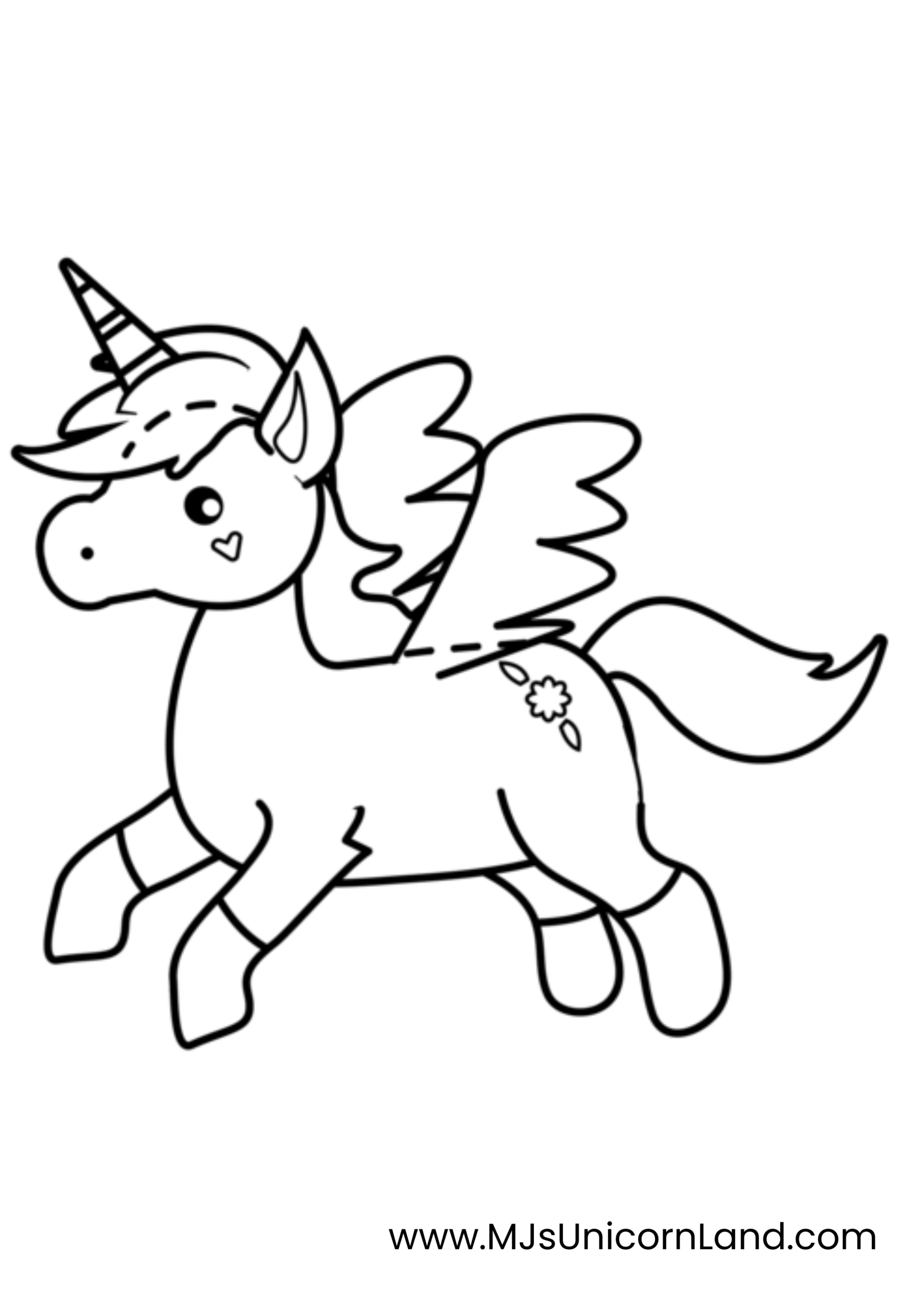 An adorable baby unicorn with big eyes and a fluffy, curly mane, wings and tail. A heart on its cheeks and a flower and two leaves on his back.