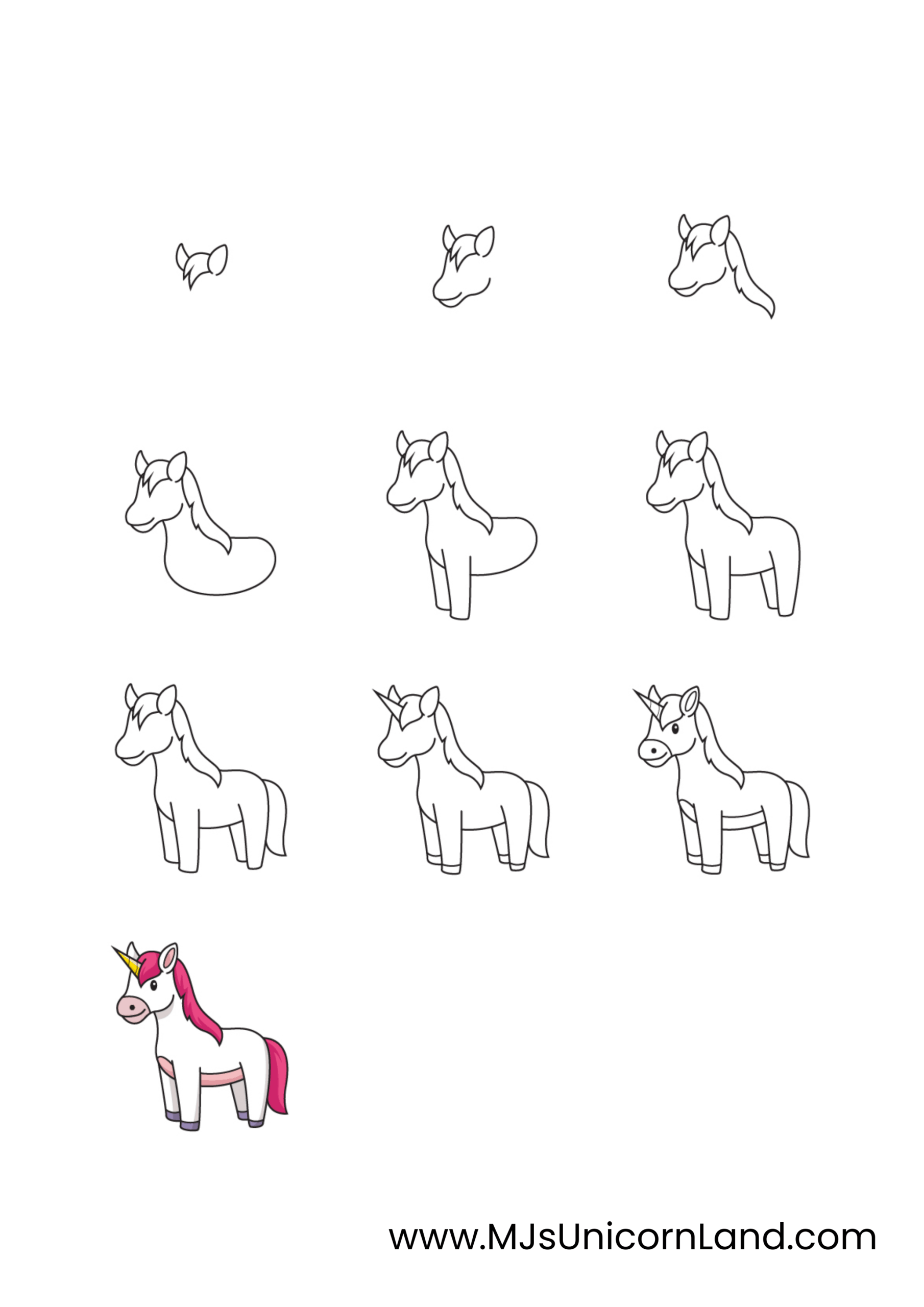 A step-by-step educational guide showing how to draw a simple unicorn in nine easy steps.