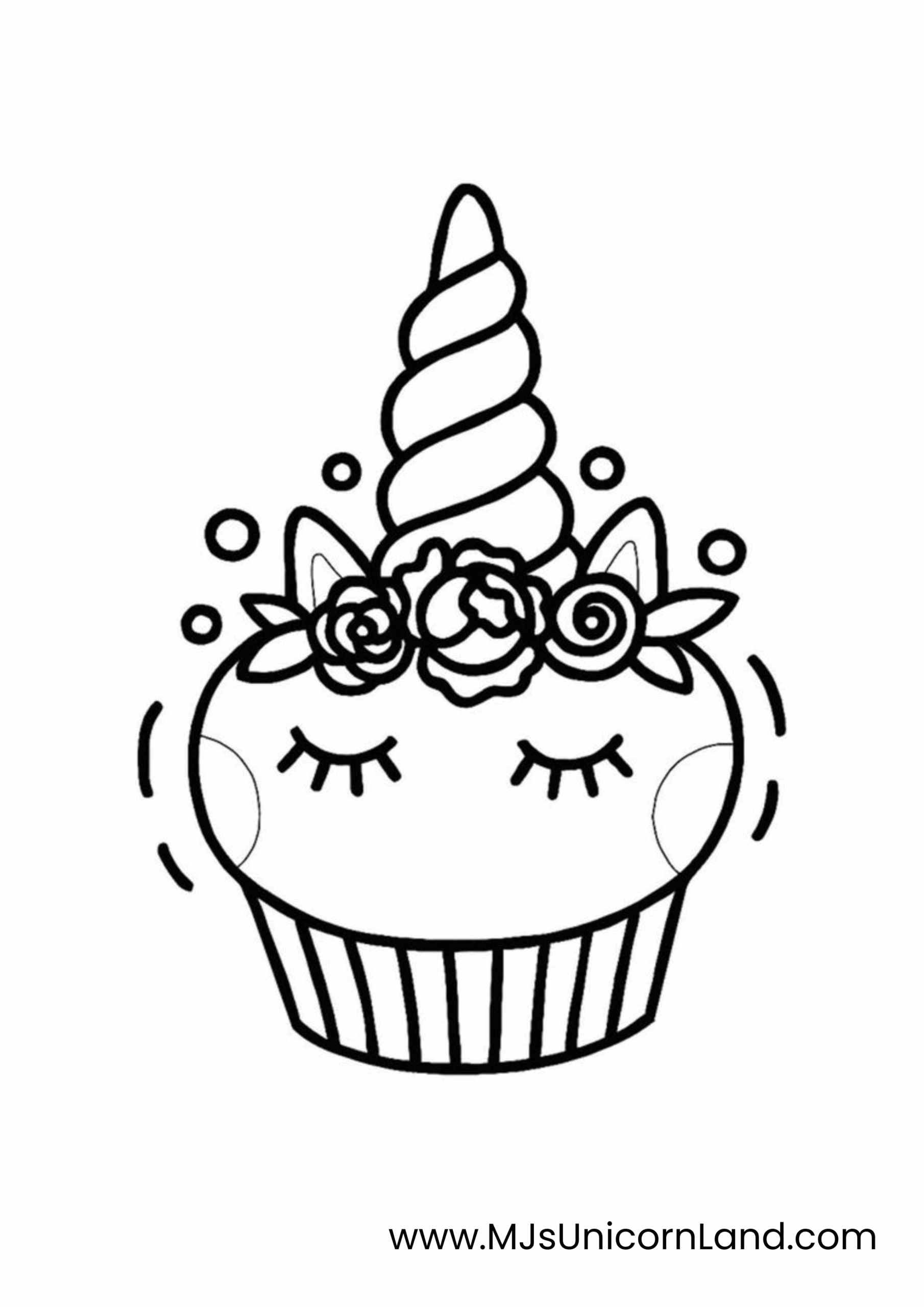 A cute coloring page of a unicorn cupcake topper with closed eyes, eyelashes, and a floral wreath surrounding its horn.
