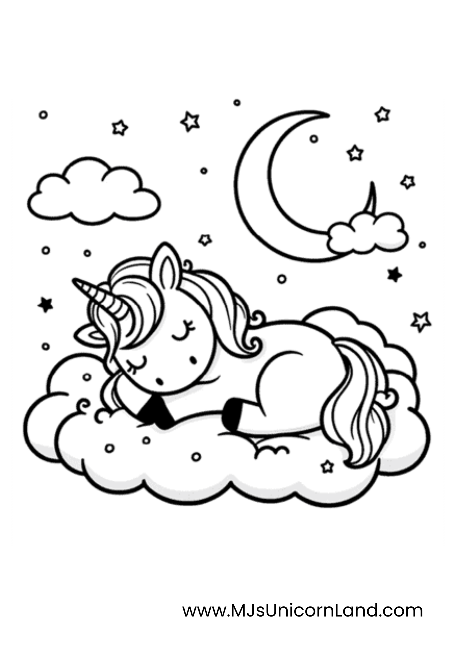 A line art coloring page of a cute baby unicorn with its eyes closed, sleeping on a cloud. A crescent moon and stars are in the background.