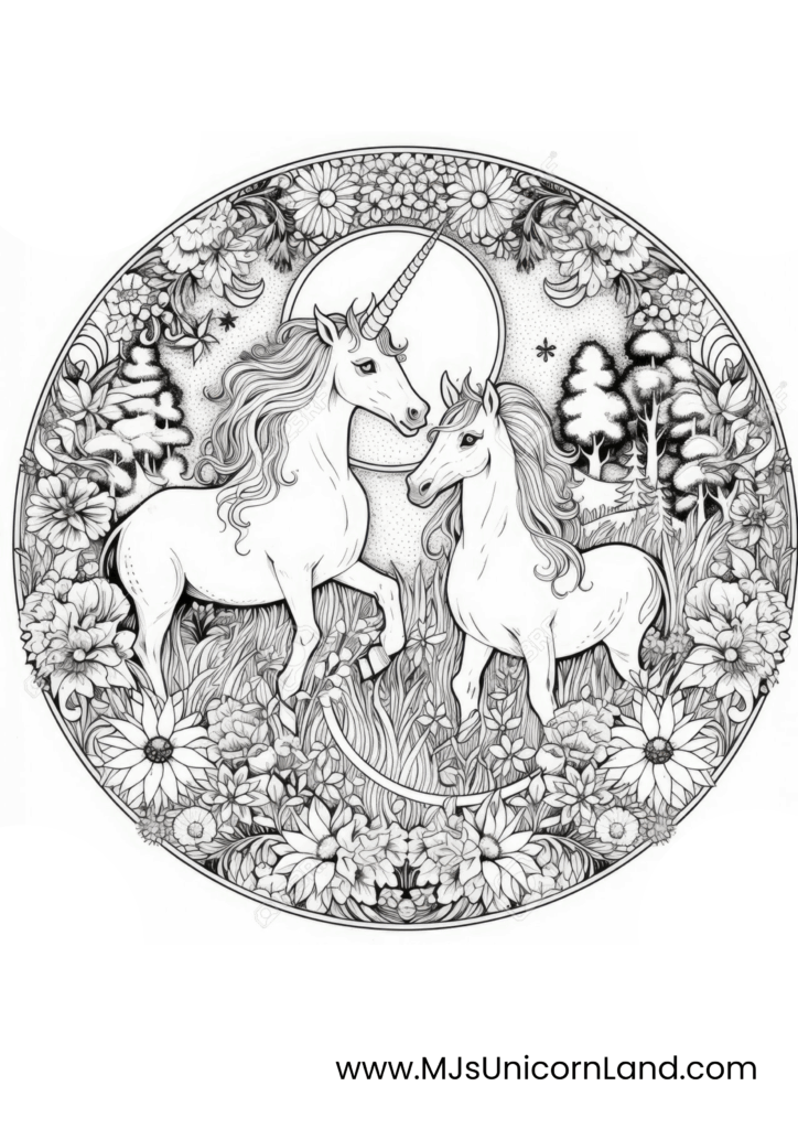 A highly detailed line art coloring page of a majestic unicorn with a long horn and a horse with a flowing mane, standing together in a lush circular frame of intricate flowers, plants, and trees under a crescent moon.